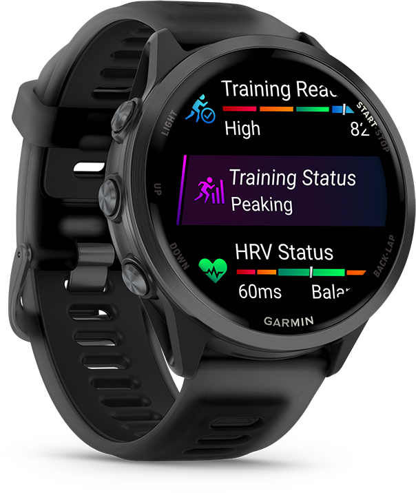 Egy fekete Garmin okosóra edzésmetrikákat jelenít meg, beleértve a felkészültséget, az állapotot és a HRV-t. Az óra fekete szíjjal van.
