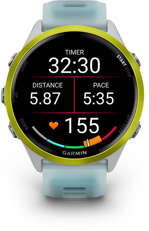 Garmin óra 32:30 időzítővel, 5.87 távolsággal, 5:35 tempóval és 155 pulzusszámmal. A karóra zöld és világoskék.