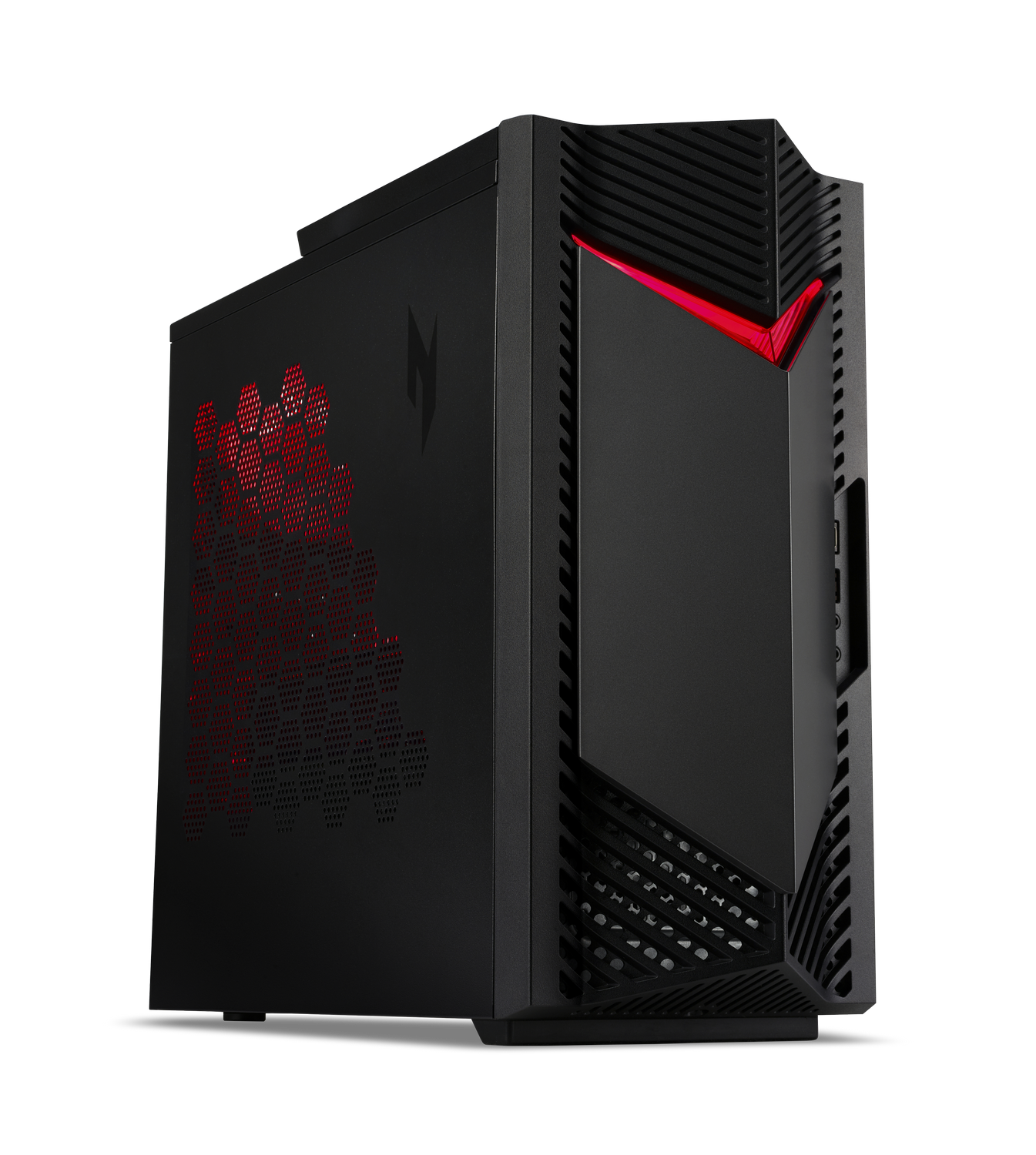 Una carcasa de ordenador negra con detalles rojos. La carcasa tiene un frontal perforado y un panel lateral con un logotipo. Luz roja visible.
