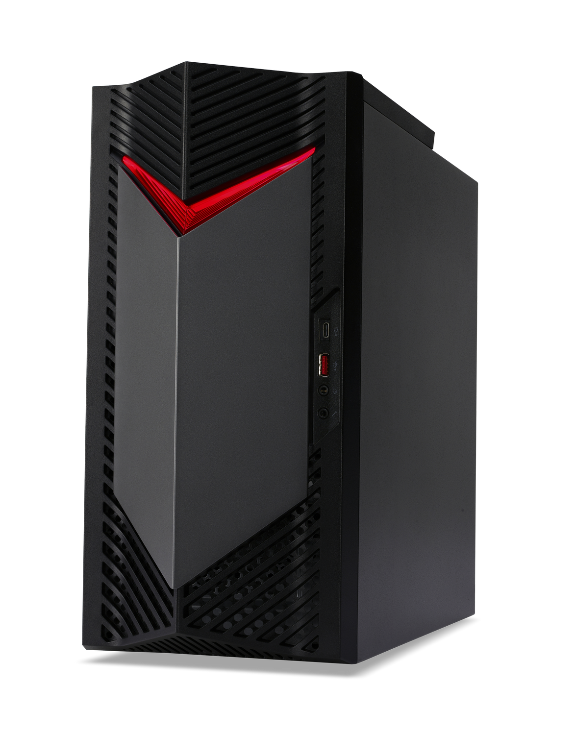 Carcasa de computadora negra con luces rojas de acento. Tiene un diseño geométrico y varios puertos al frente.