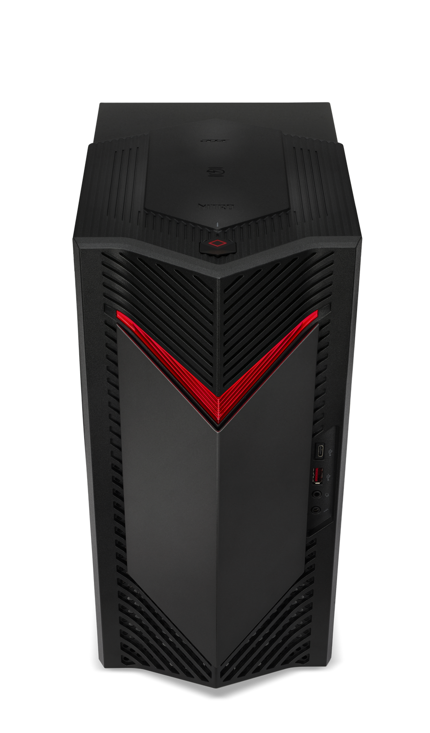 Torre de PC Acer Nitro negra. Acentos LED rojos en el panel frontal. Botón de encendido arriba. Fondo gris.