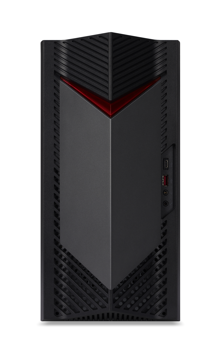 Una torre de computadora negra con un acento rojo. Tiene un diseño en forma de V. La parte frontal tiene varios puertos.