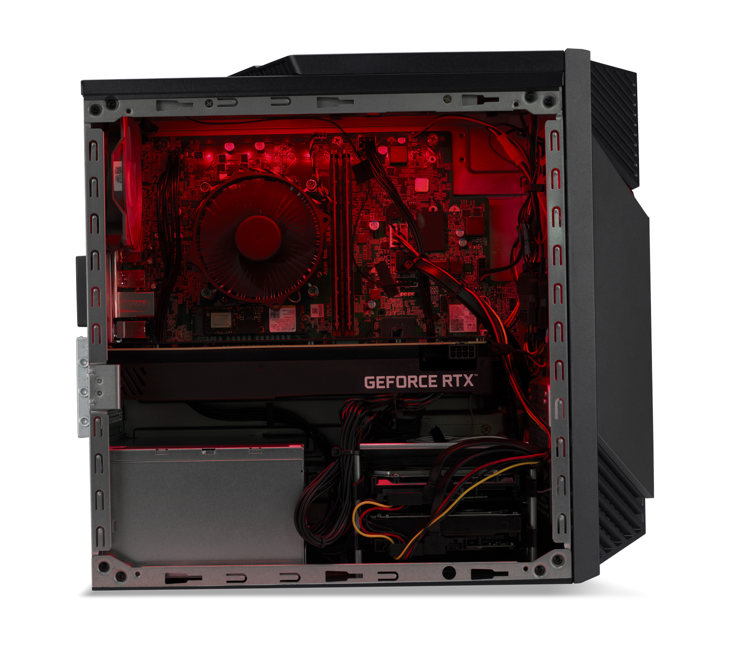 Carcasa de computadora abierta con iluminación interna roja. Componentes visibles: placa base, tarjeta gráfica, enfriador de CPU y fuente de alimentación. Negro y gris.
