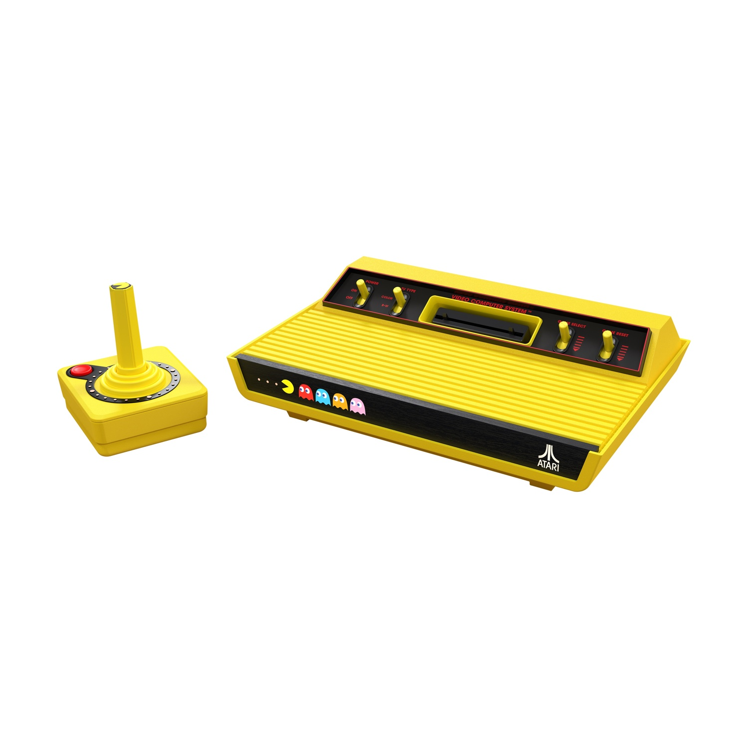 Una console Atari gialla con un joystick. La console ha pulsanti e un design di Pac-Man. Il logo Atari è visibile.
