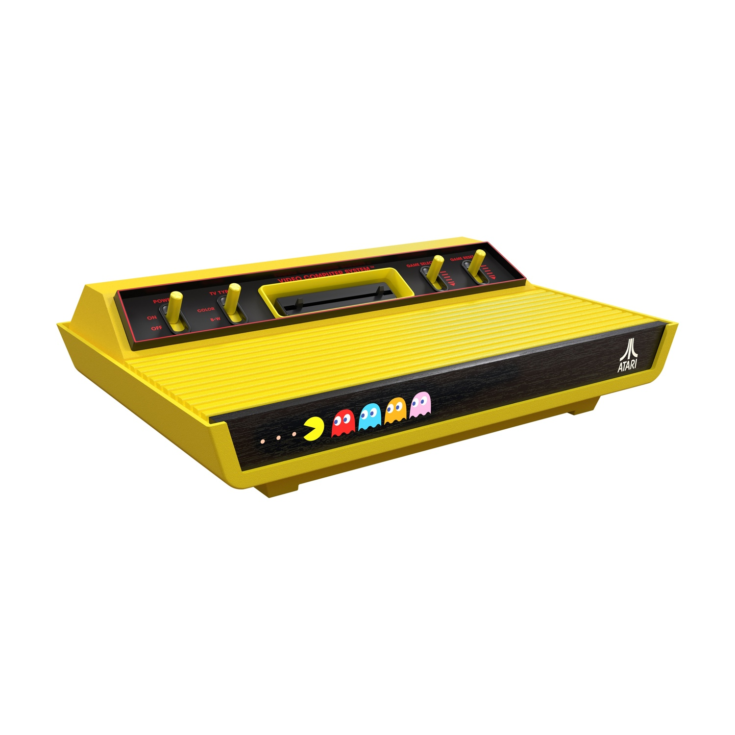 Console Atari gialla con personaggi di Pac-Man, joystick e maniglia. Ha impostazioni di alimentazione e tipo TV. Il logo Atari è visibile.