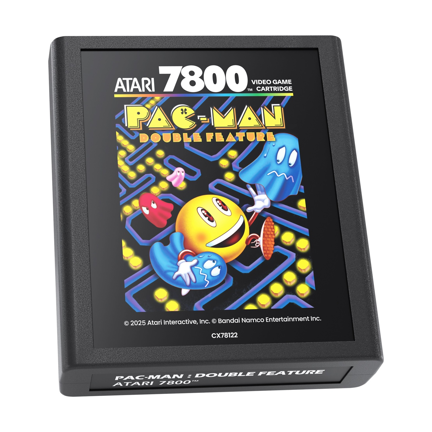 Cartuccia Atari 7800 Pac-Man Double Feature. Pac-Man giallo, fantasmi blu e un fantasma rosso su sfondo nero.