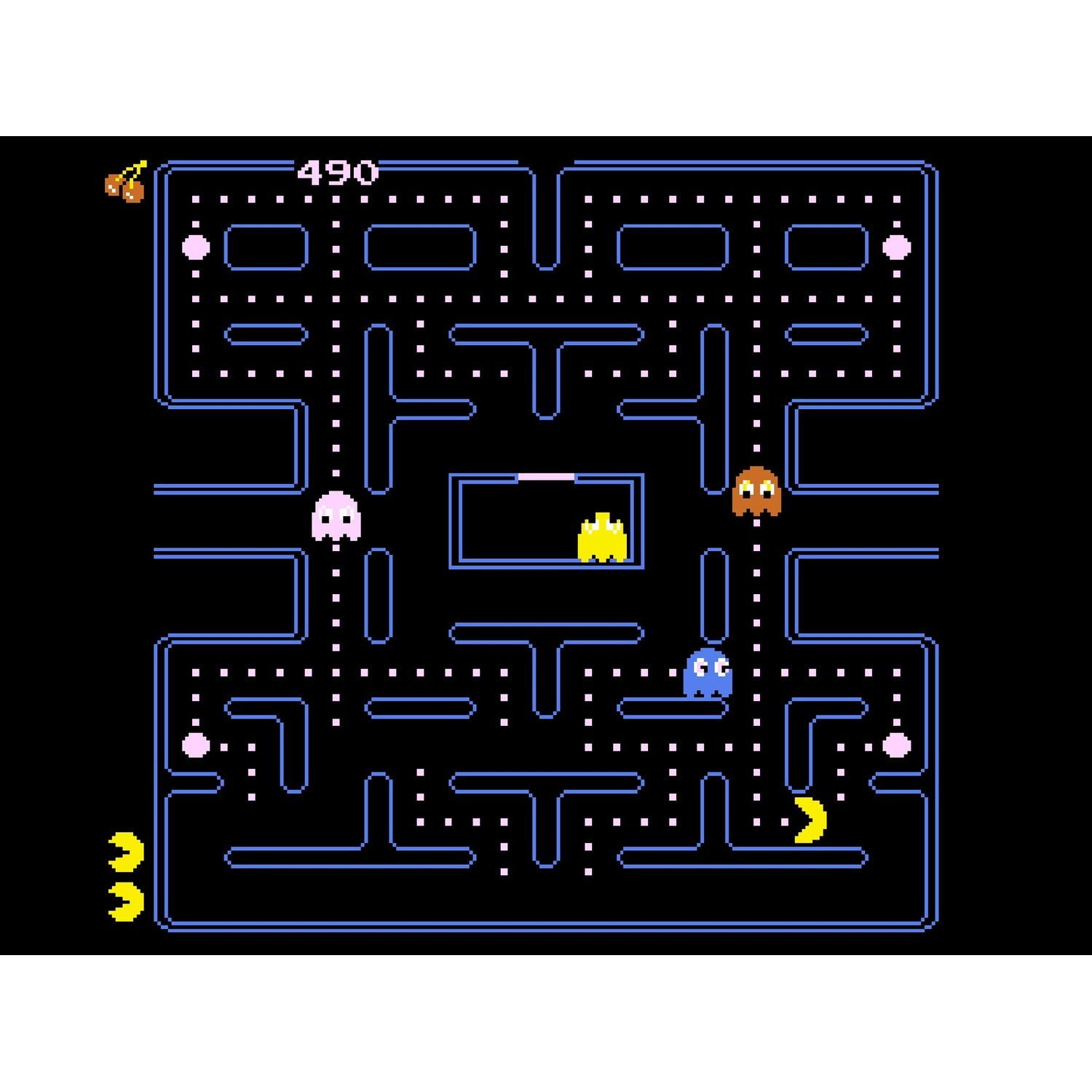 Schermata di gioco di Pac-Man. Pac-Man è giallo, i fantasmi sono rosa, blu e arancioni. Il labirinto è blu con punti bianchi.
