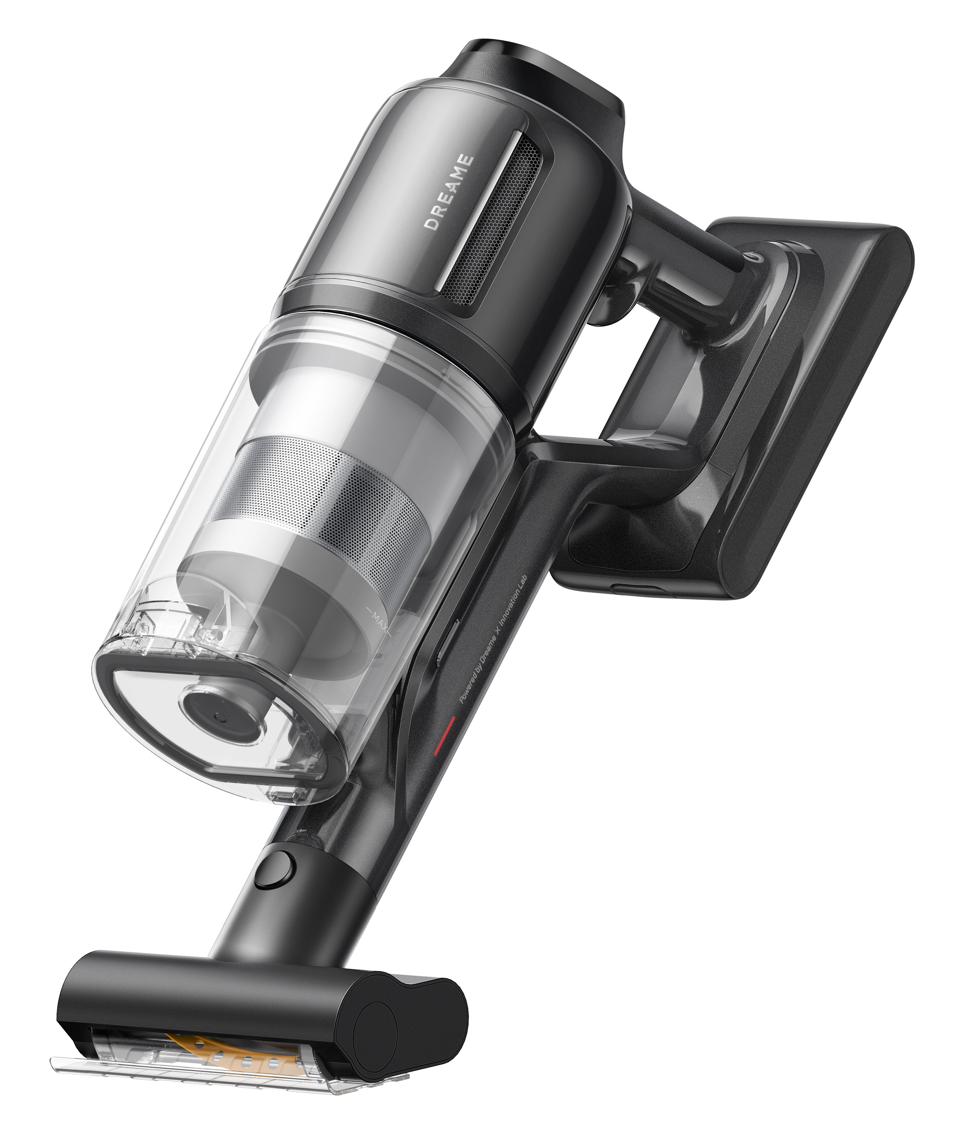 Widoczny jest bezprzewodowy odkurzacz, głównie szary i przezroczysty. Marka to Dreame. Jest na białym tle.