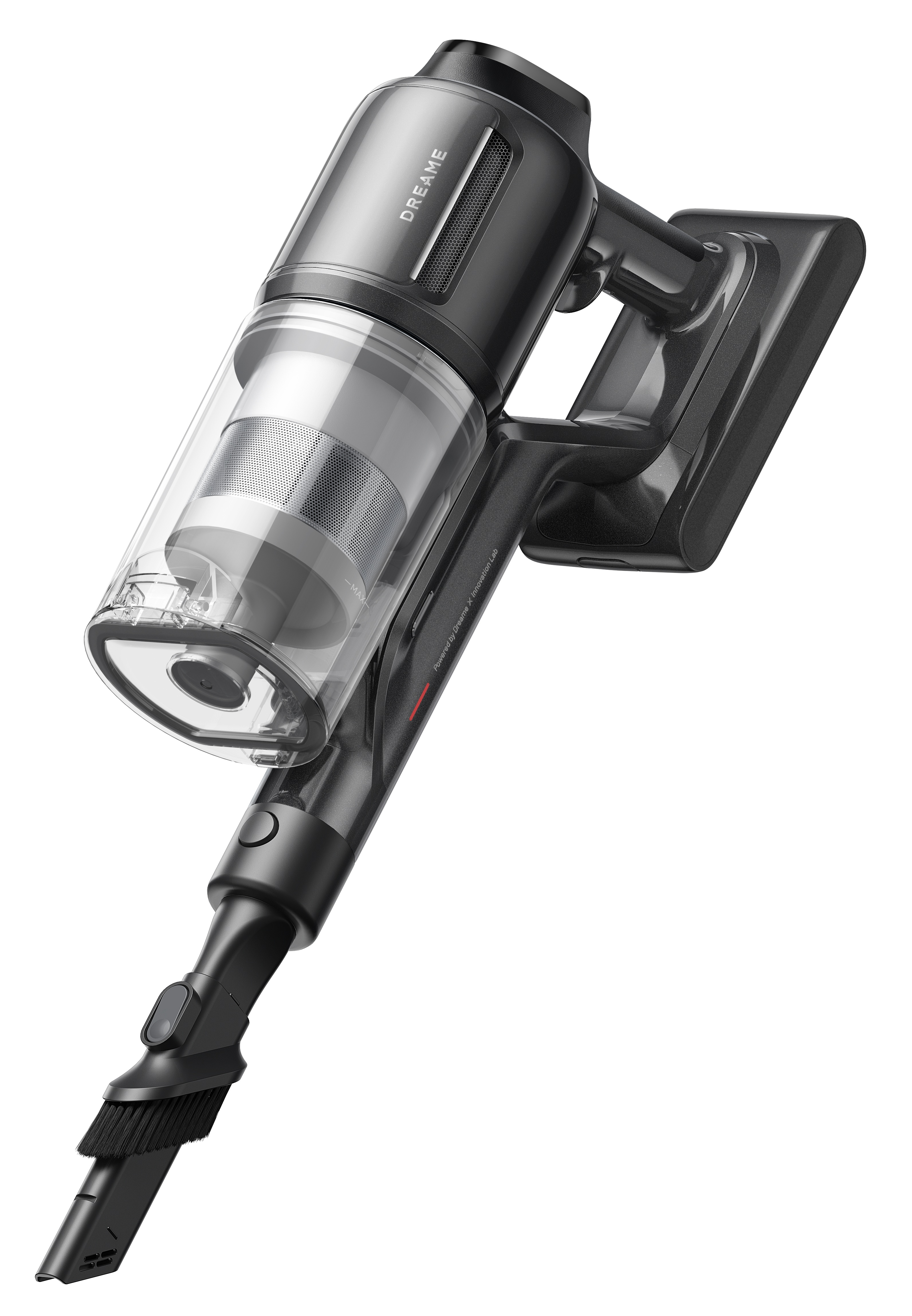 Czarny i szary odkurzacz bezprzewodowy. Widoczna jest nazwa marki 'DREAME'. Na końcu znajduje się nasadka z pędzlem.