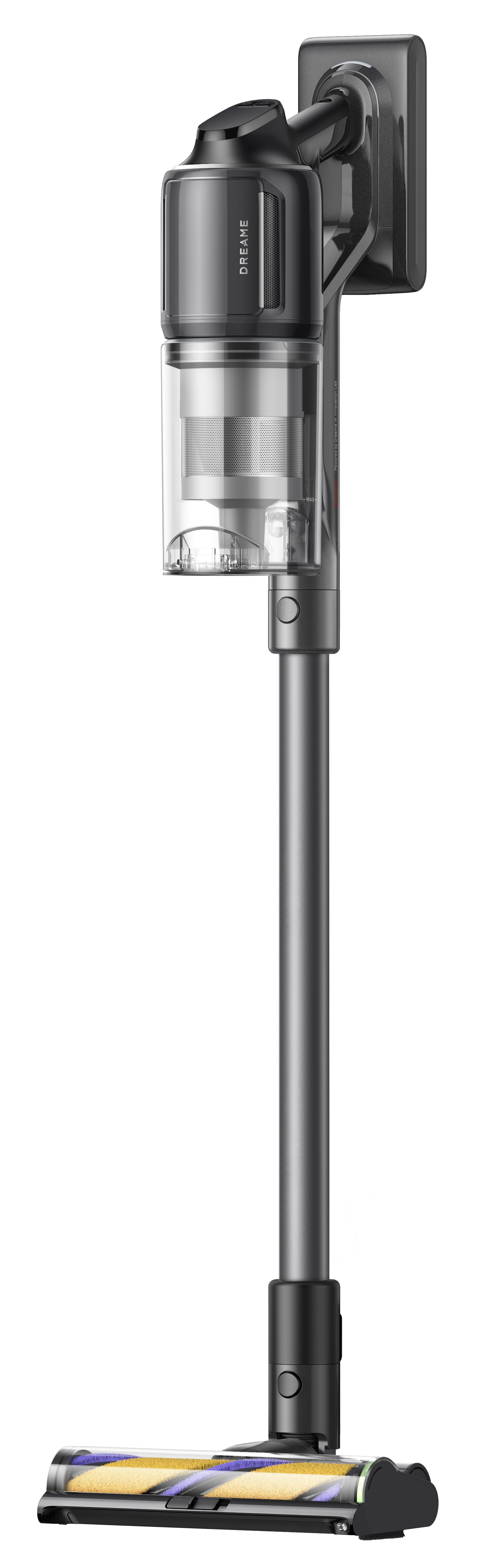 Bezprzewodowy odkurzacz, głównie szary, z przezroczystym pojemnikiem na kurz i głowicą szczotkową z żółtym i fioletowym włosiem.