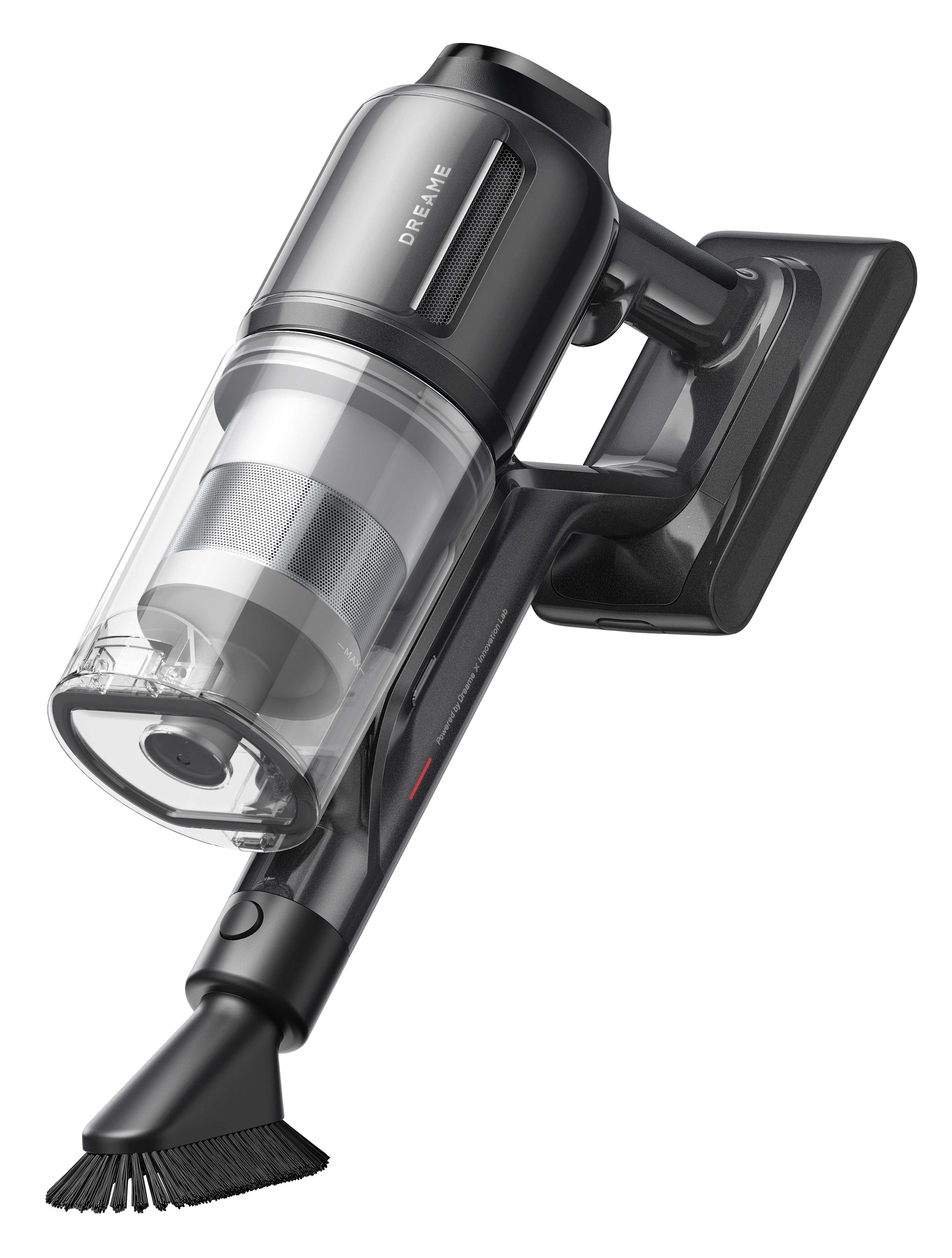 Przenośny czarny i szary odkurzacz z przezroczystym pojemnikiem na kurz. Ma końcówkę szczotkową i markę Dreame.