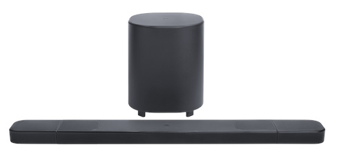 Czarny soundbar z pasującym subwooferem na białym tle. Subwoofer jest cylindryczny.