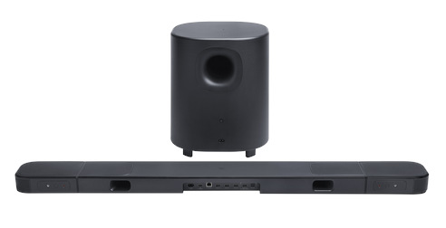 Czarny zestaw soundbar i subwoofer na białym tle. Subwoofer jest cylindryczny, a soundbar prostokątny.