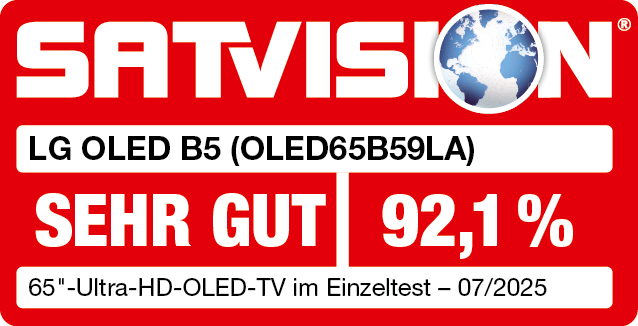 Rotes SATVISION-Logo mit Globus. LG OLED B5 TV Testergebnis. 'SEHR GUT' 92,1 %. 65" Ultra-HD-OLED-TV Testergebnis vom 07/2025.