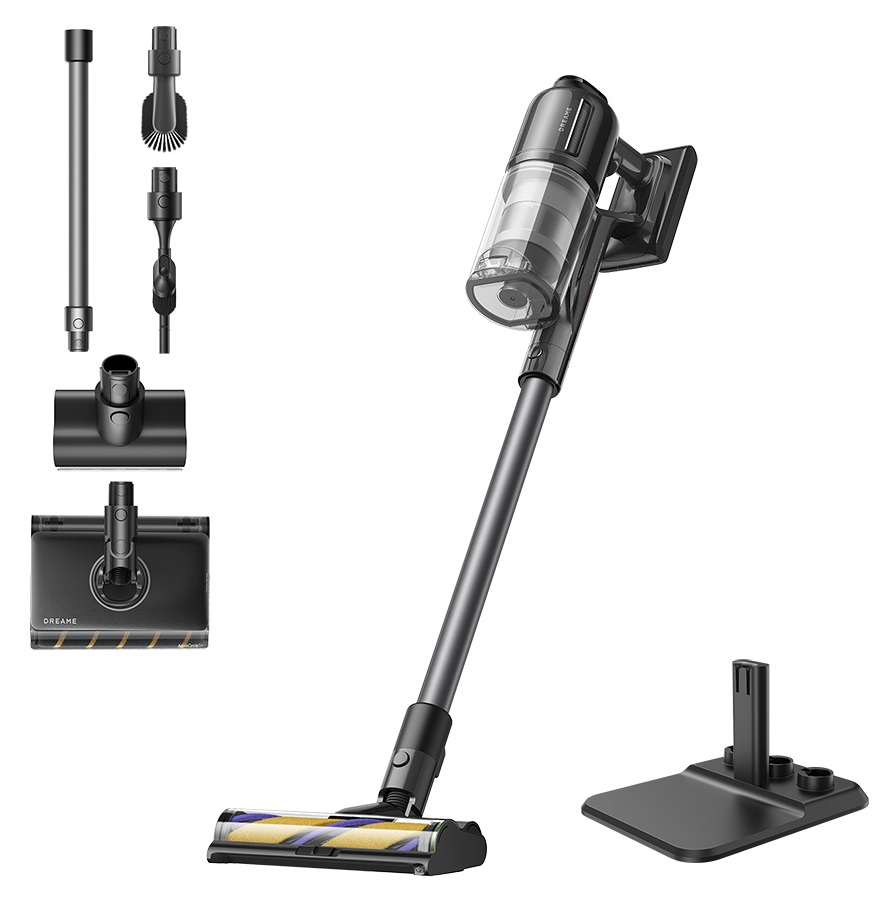 Odkurzacz bezprzewodowy z akcesoriami i stacją ładującą. Odkurzacz jest szary i czarny, z przezroczystym pojemnikiem na kurz. Akcesoria obejmują szczotki.