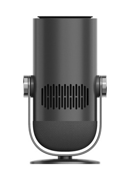 Czarny, cylindryczny mikrofon z siatkowym dołem, pionowymi otworami wentylacyjnymi i srebrnym stojakiem.