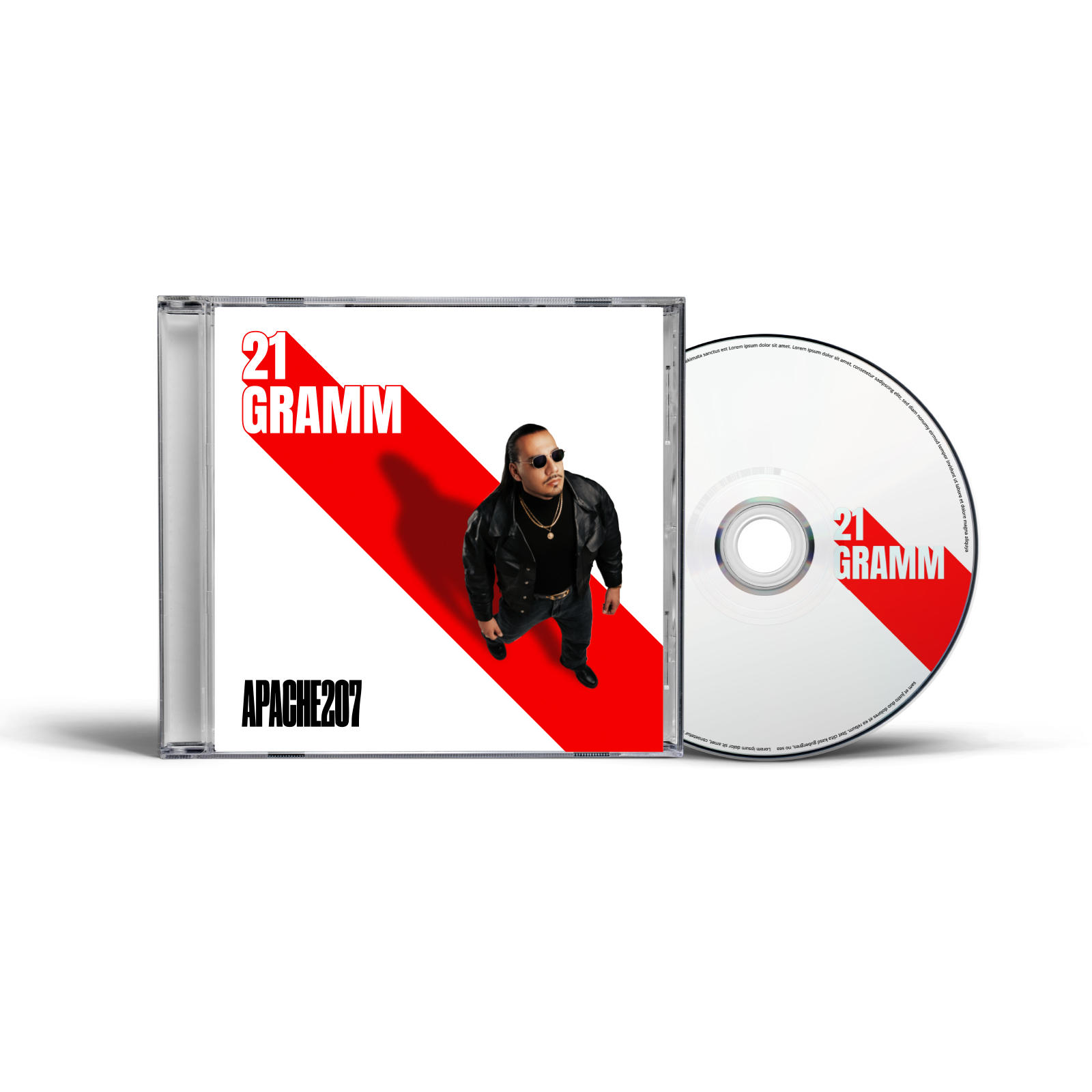 CD-Hülle mit einem Mann in Lederjacke. Auf dem Cover steht '21 GRAMM' und 'APACHE207'. Die CD hat auch den gleichen Text.