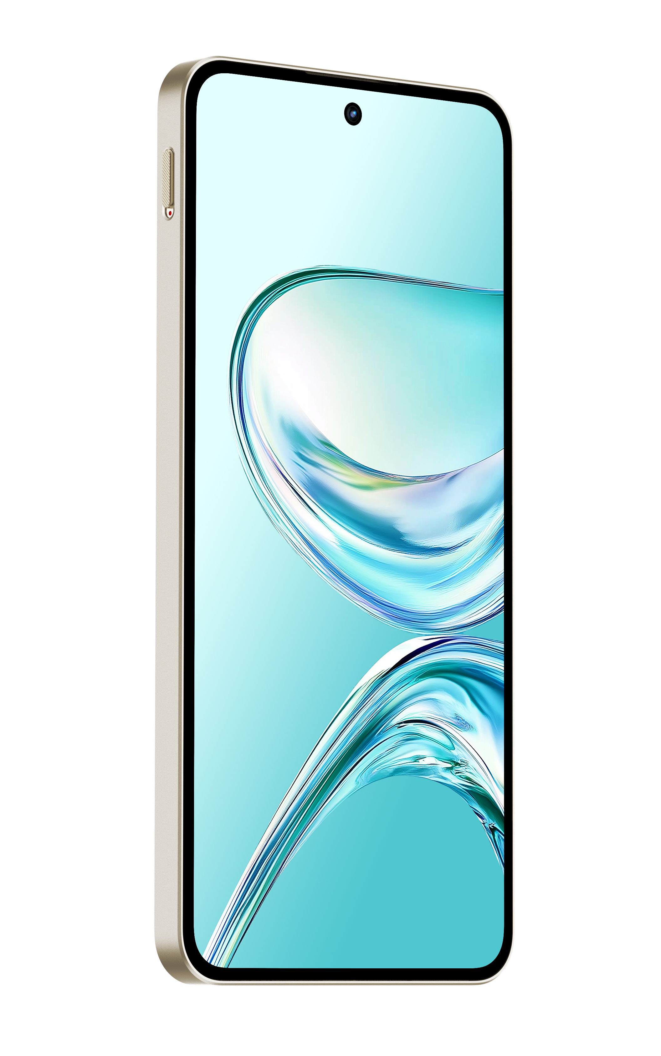 Ein Smartphone, abgewinkelt, mit hellgoldfarbenem Rahmen. Der Bildschirm zeigt ein blau-grünes, fließendes, abstraktes Design.