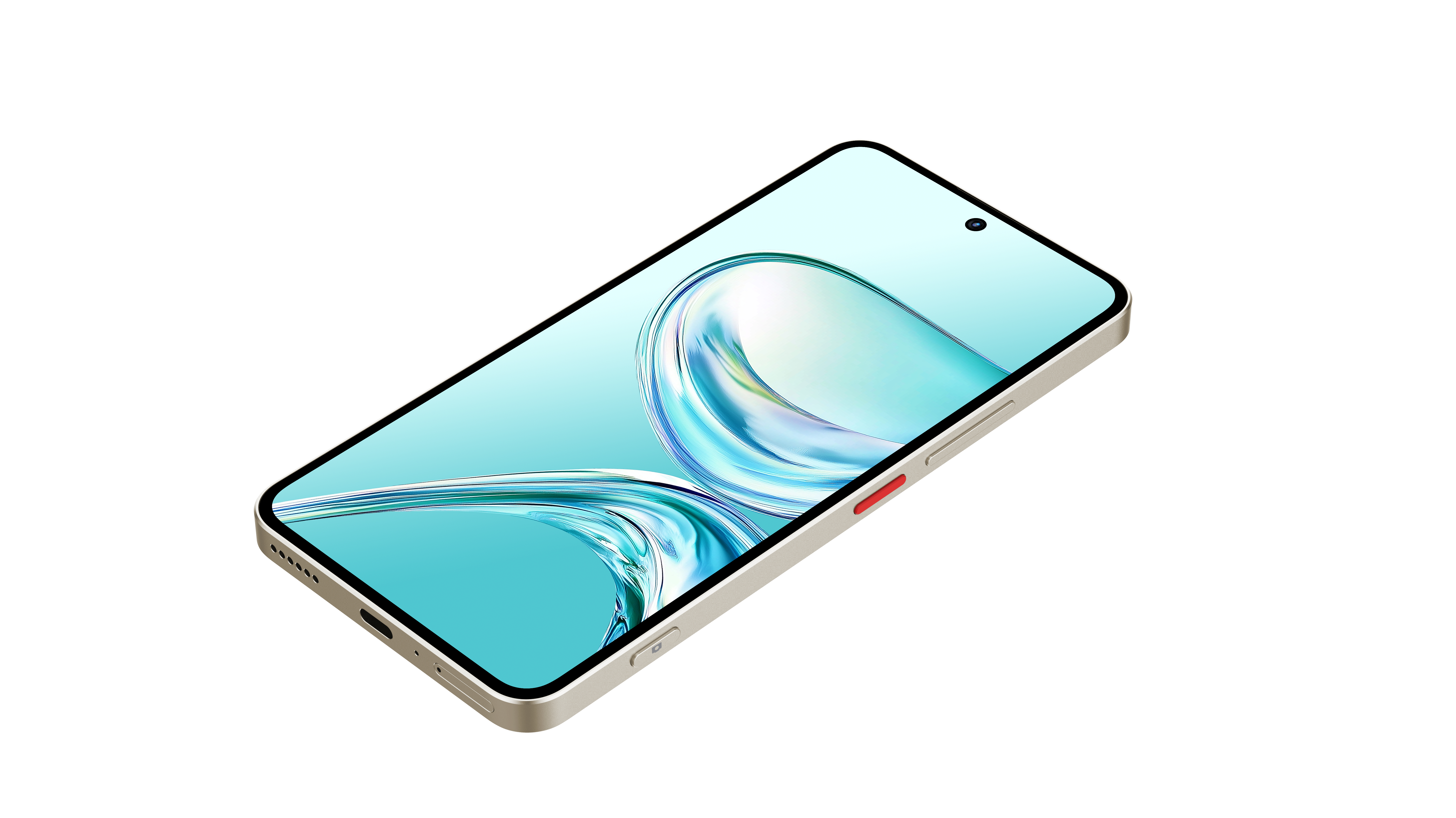 Smartphone auf weißem Grund. Der Bildschirm zeigt ein wasserähnliches Design. Das Telefon ist hellgold mit roter Taste.