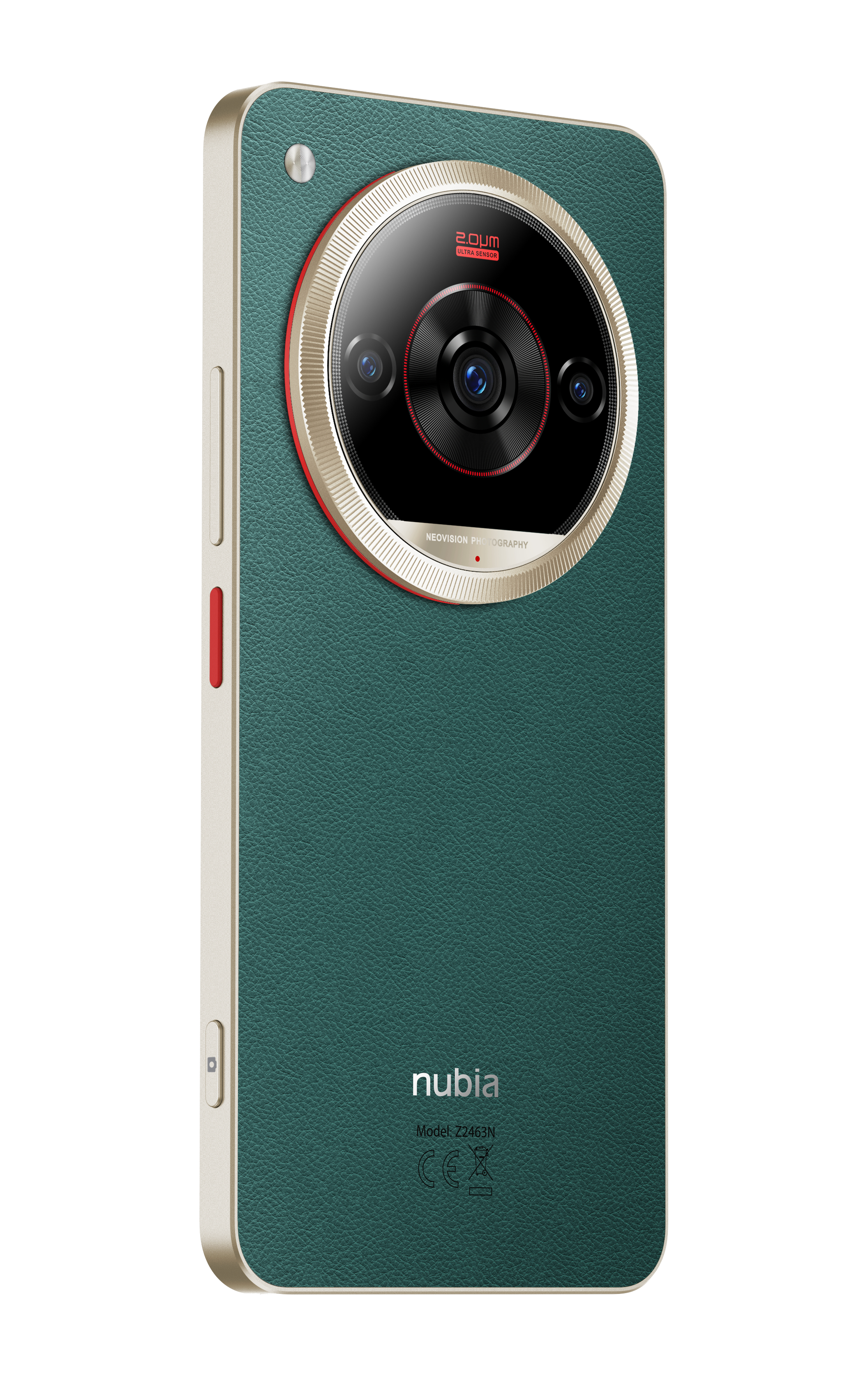 Ein grünes Nubia-Telefon mit großer Kamera, roten Akzenten und goldenem Rahmen. Das Telefon ist von hinten zu sehen.