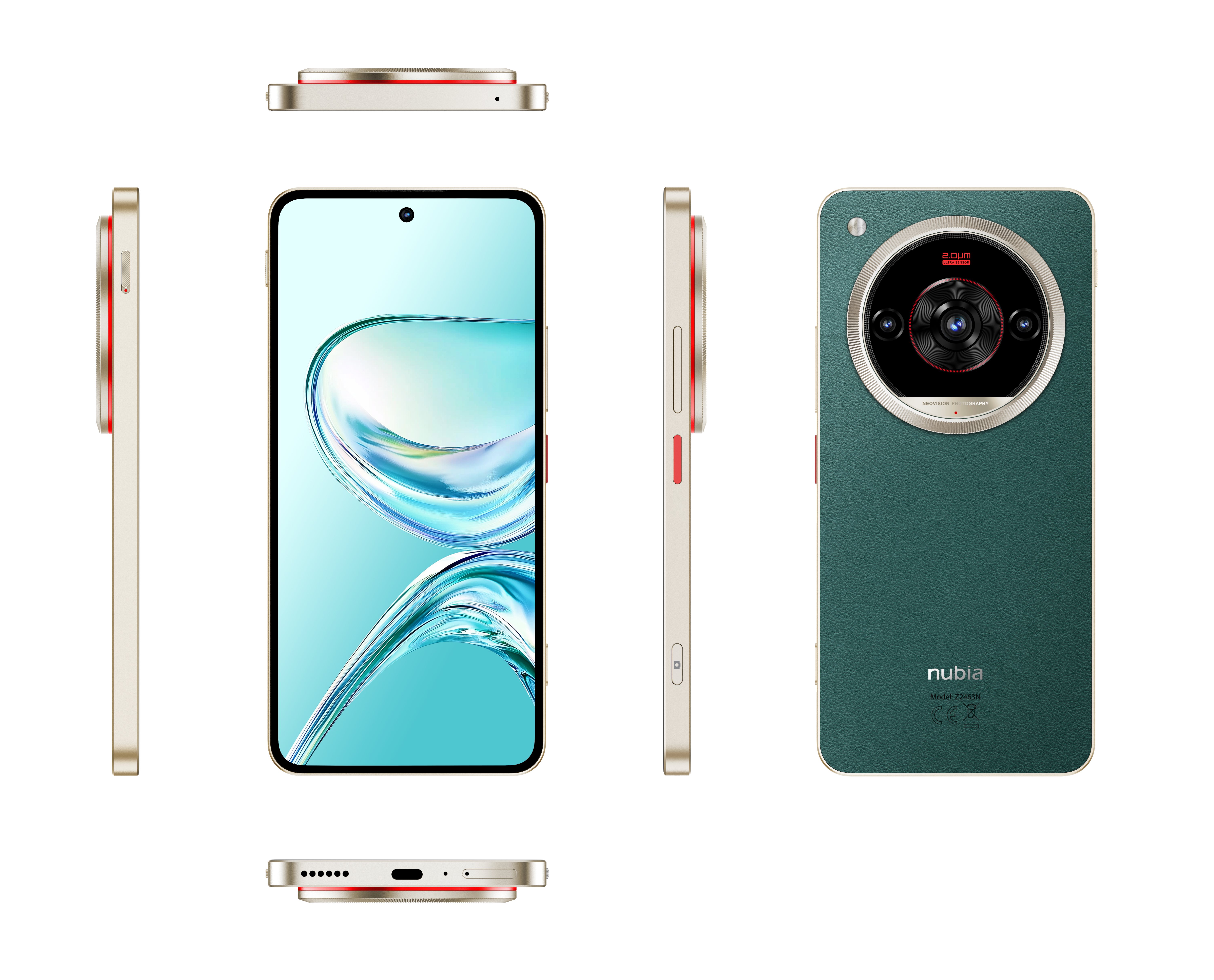 Ein goldenes Smartphone mit tealfarbener Rückseite und großer Kamera. Der Bildschirm zeigt ein wasserähnliches Bild. Verschiedene Winkel.