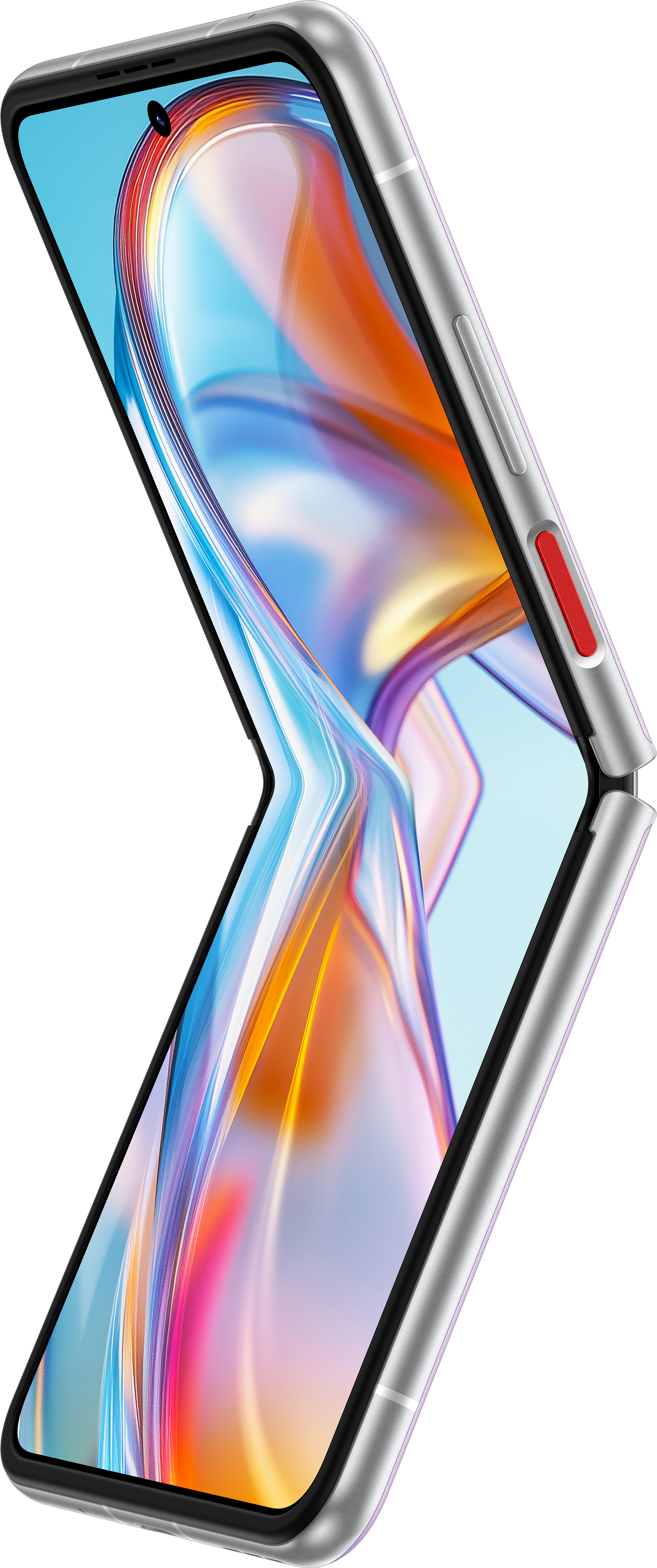Faltbares silbernes Telefon mit farbenfrohem Display. Rote Taste an der Seite. Schräge Ansicht, teilweise geöffnet, isoliert auf weißem Hintergrund.