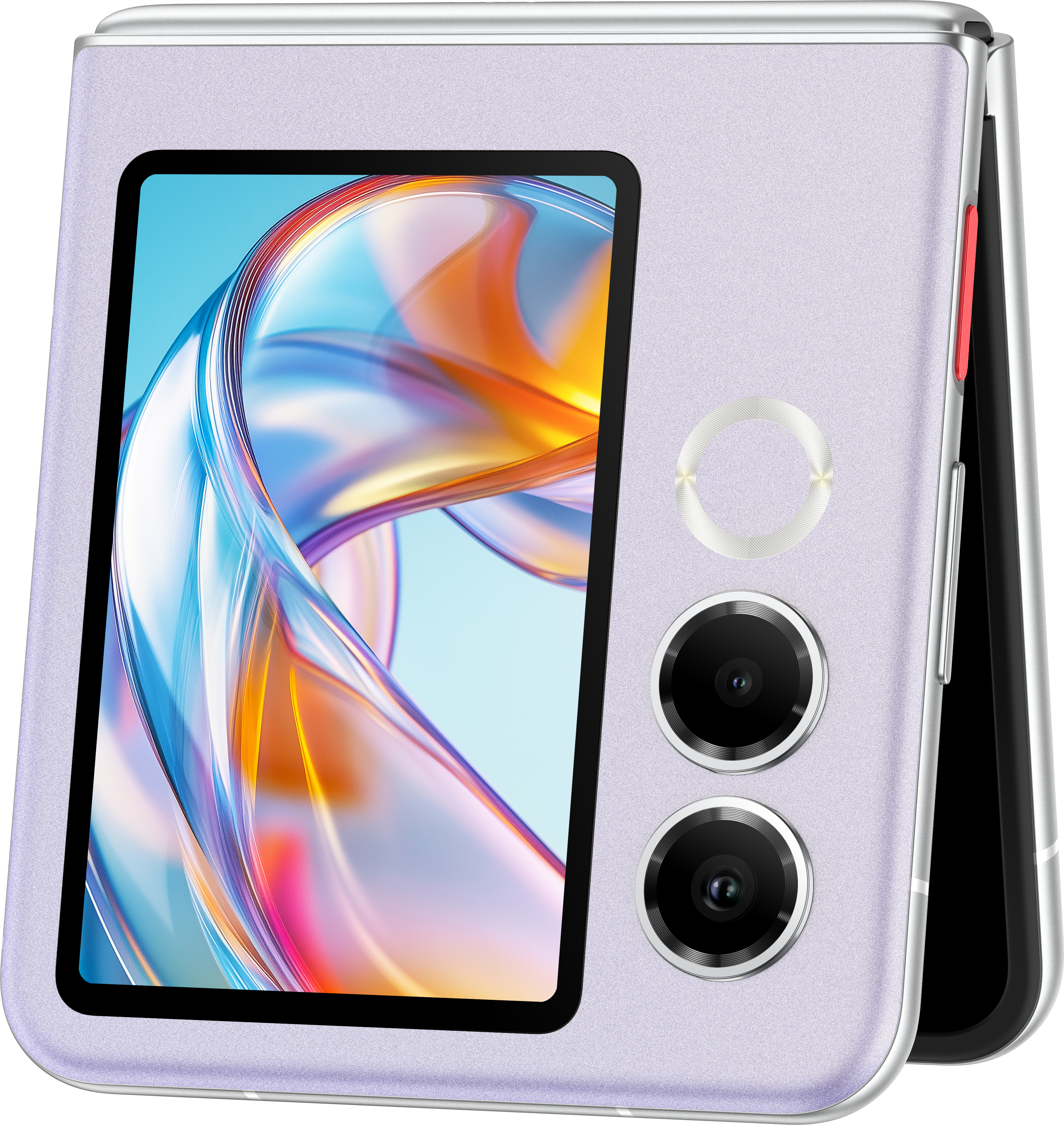 Ein zusammengeklapptes lilafarbenes Smartphone mit einem Bildschirm, der farbenfrohe abstrakte Kunst zeigt. Es hat zwei Kameras und einen Ring auf der Rückseite.