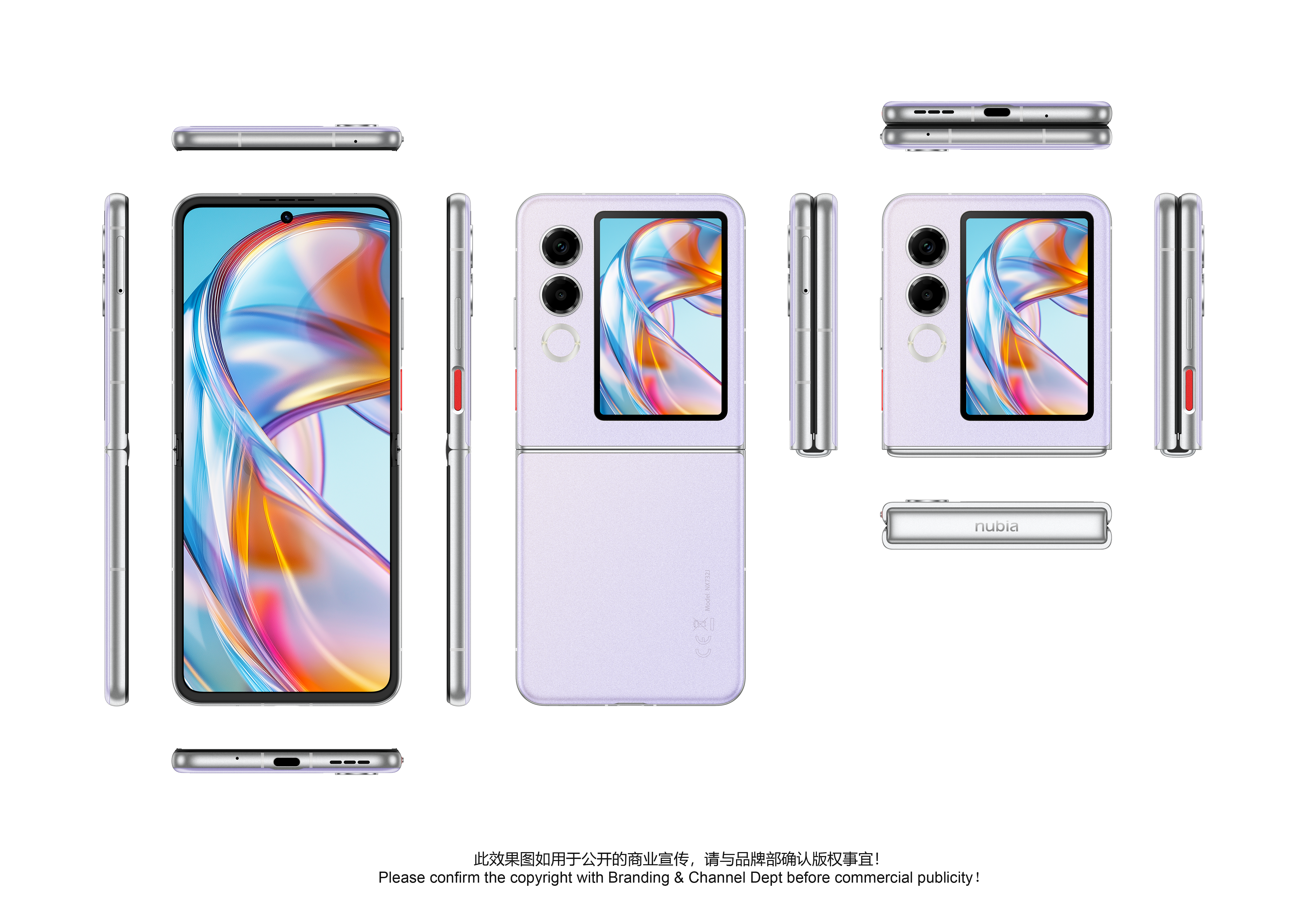 Ein hellviolettes faltbares Telefon wird angezeigt. Es hat zwei Kameras und einen kleinen Bildschirm. Das Telefon ist auf weißem Hintergrund.