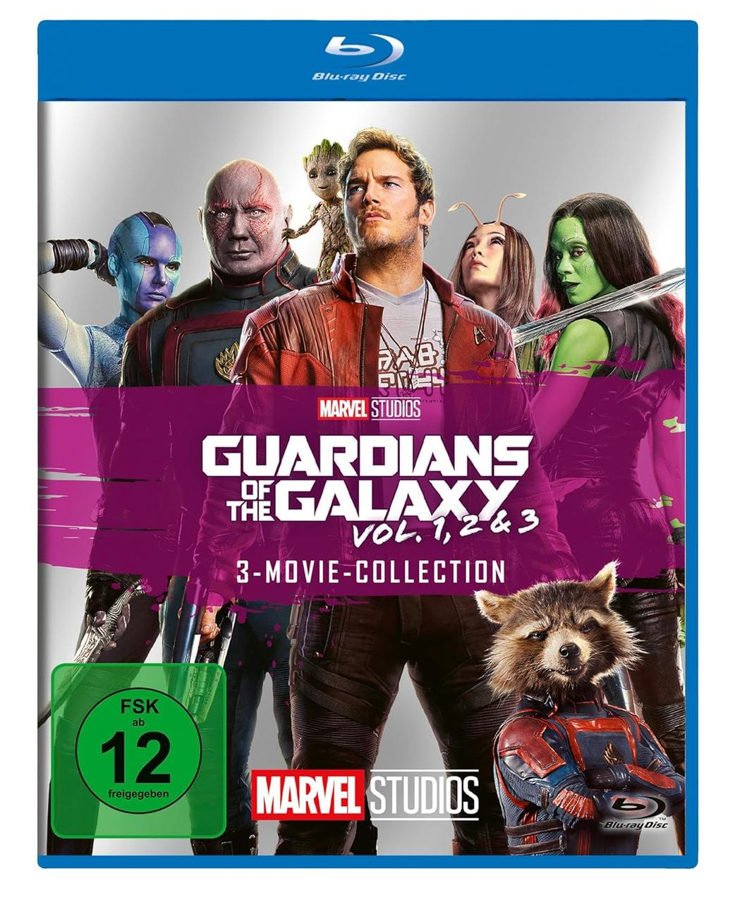 Guardians of the Galaxy Vol. 1, 2 & 3 Blu-ray Collection mit Charakteren.