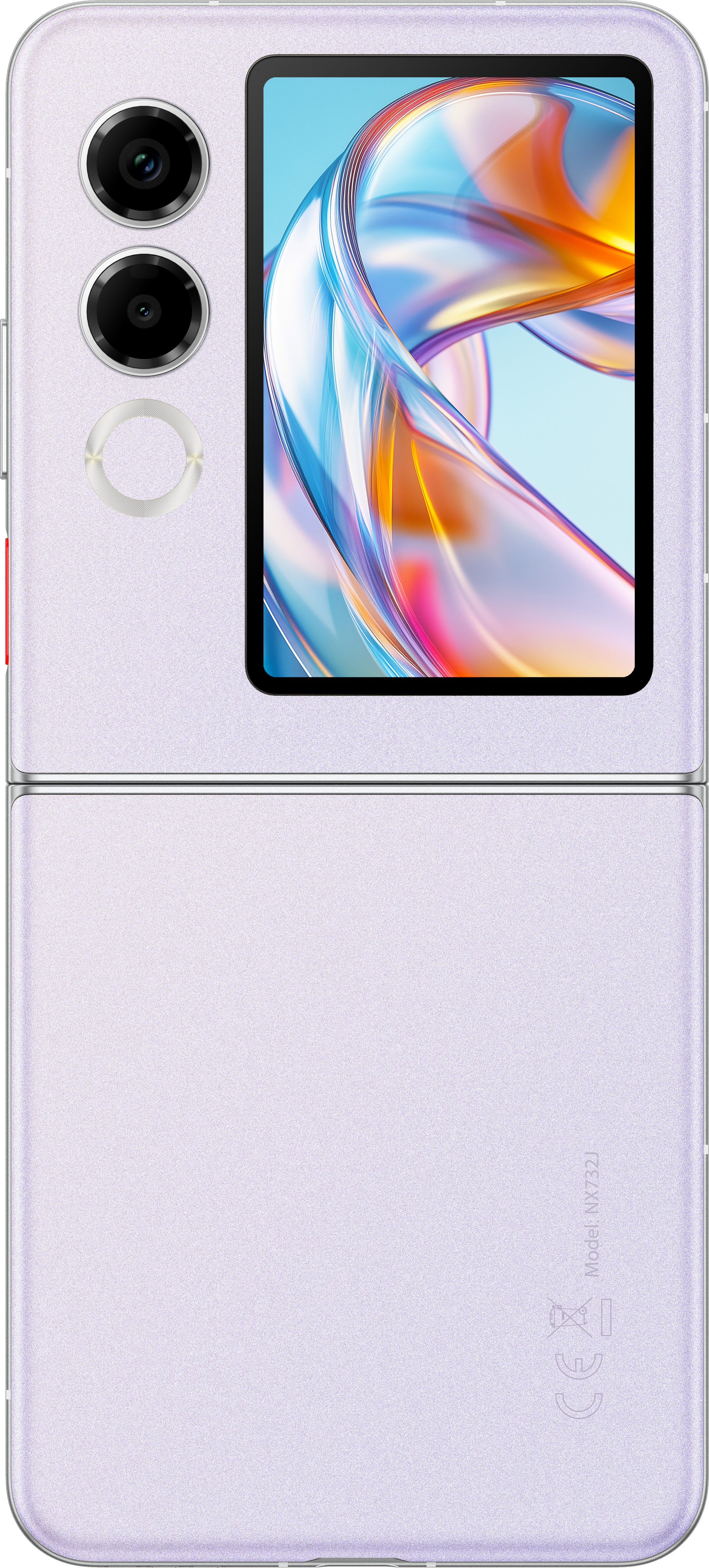 Ein gefaltetes lavendelfarbenes Telefon mit einem Bildschirm, der farbenfrohe abstrakte Kunst zeigt. Es hat zwei Kameralinsen und ein silbernes Scharnier.