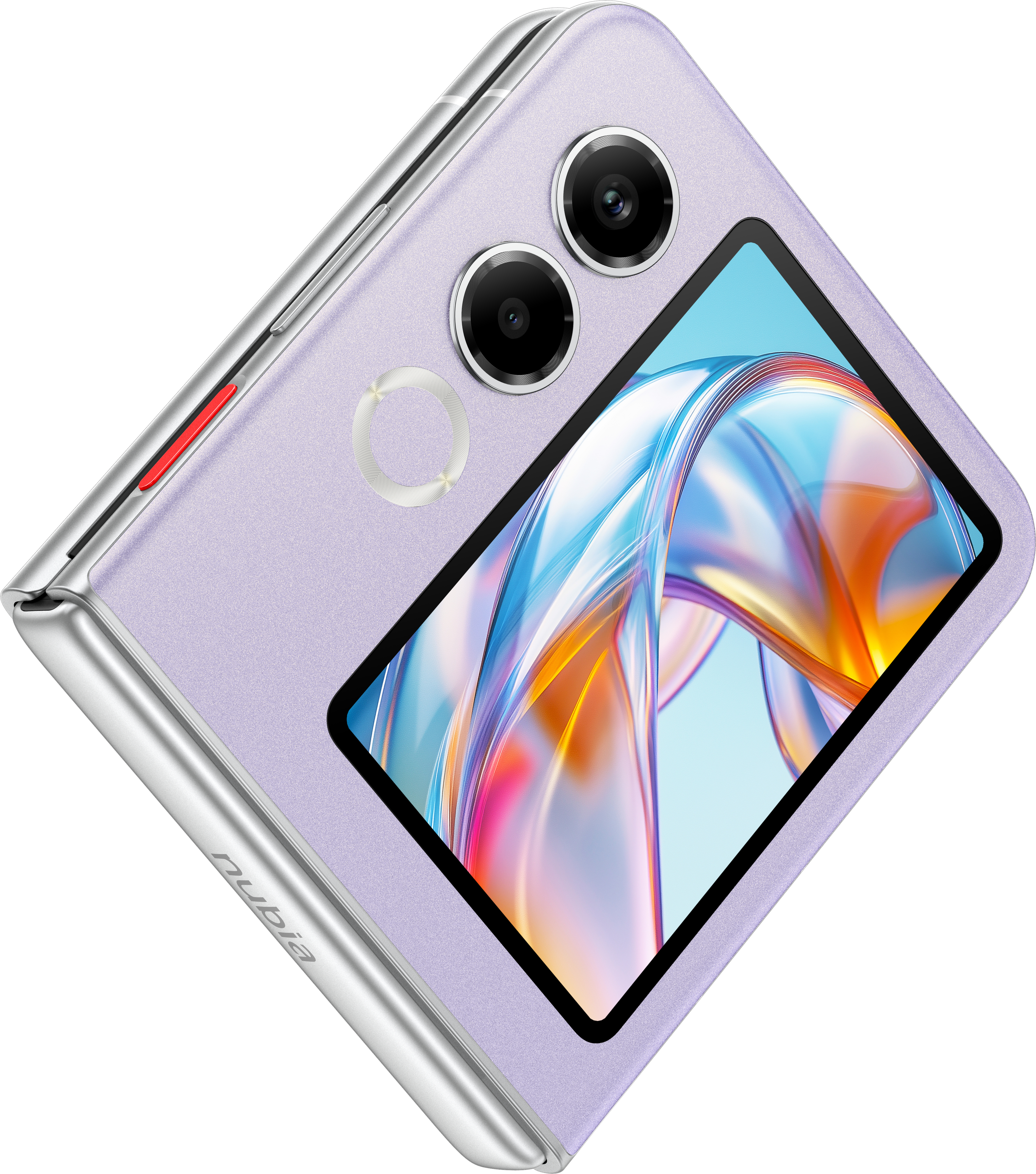 Ein gefaltetes lila Smartphone mit silbernen Kanten. Es hat zwei Kameras und einen Bildschirm mit farbenfroher abstrakter Kunst.