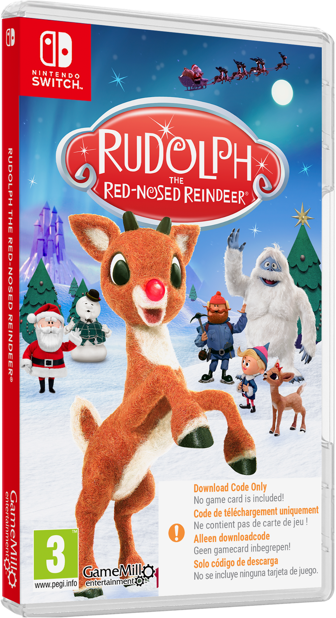 Portada del juego de Rudolph the Red-Nosed Reindeer. Rudolph, Santa y otros personajes en escena nevada, título arriba.