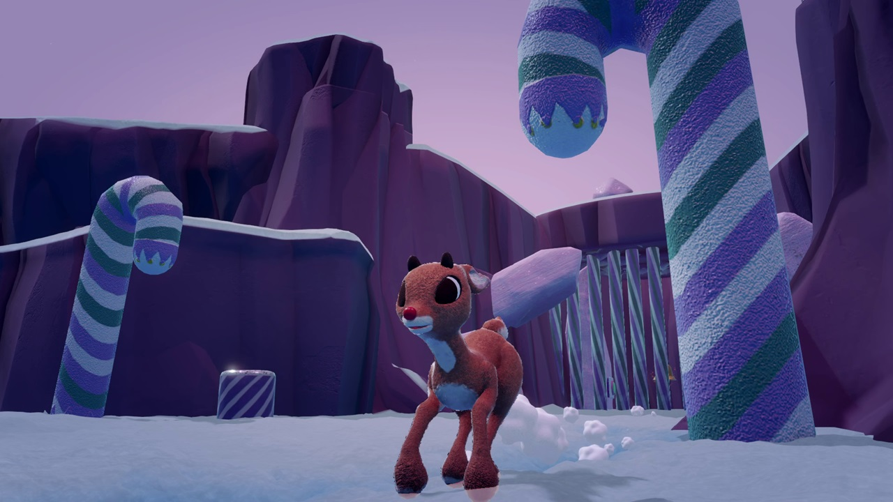 Rudolph, el reno de la nariz roja, corre en un paisaje nevado lleno de bastones de caramelo. Montañas y cielo morados enmarcan la escena.