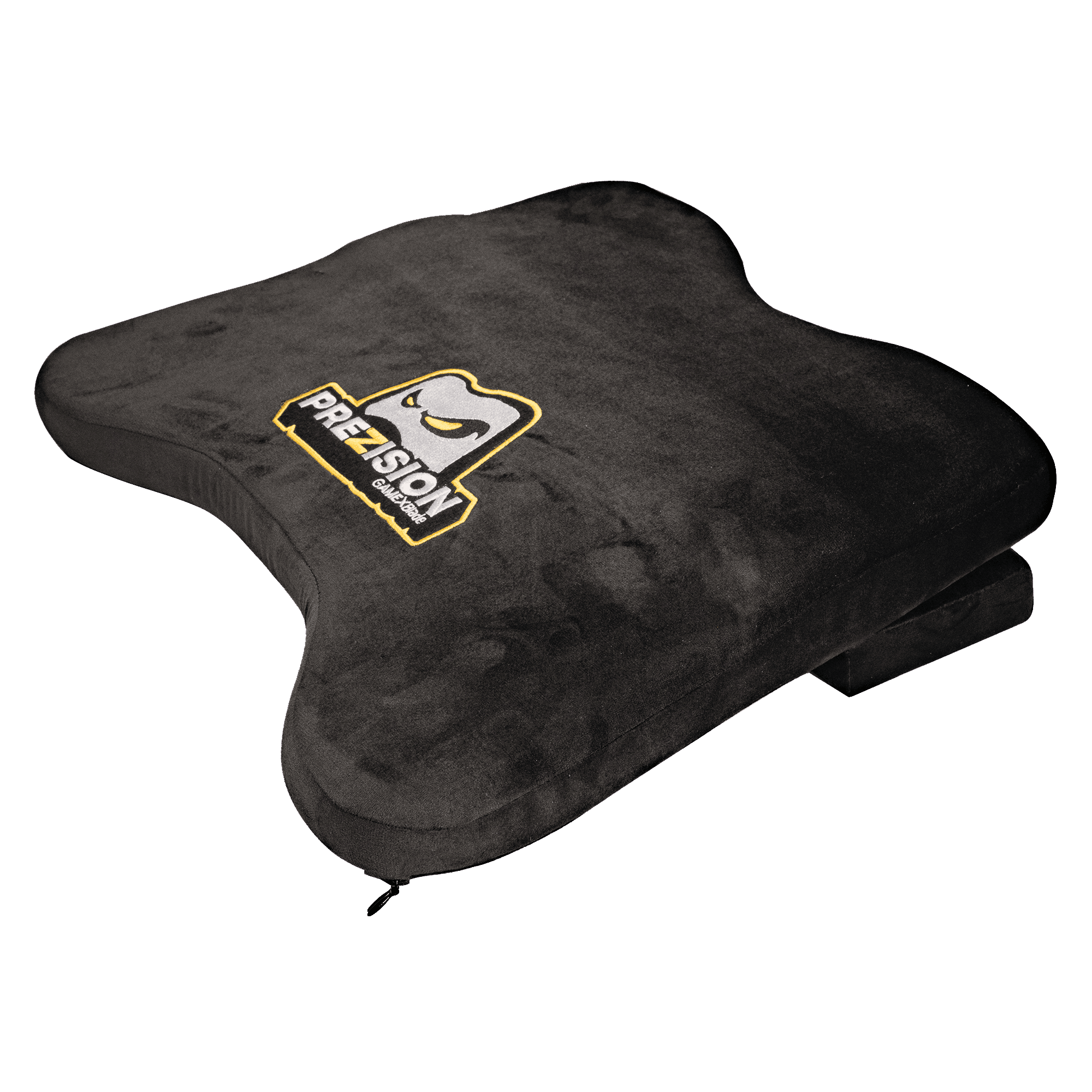 Un cojín ergonómico negro con el logo PREZISION GAMEXBLADE sobre un fondo negro.