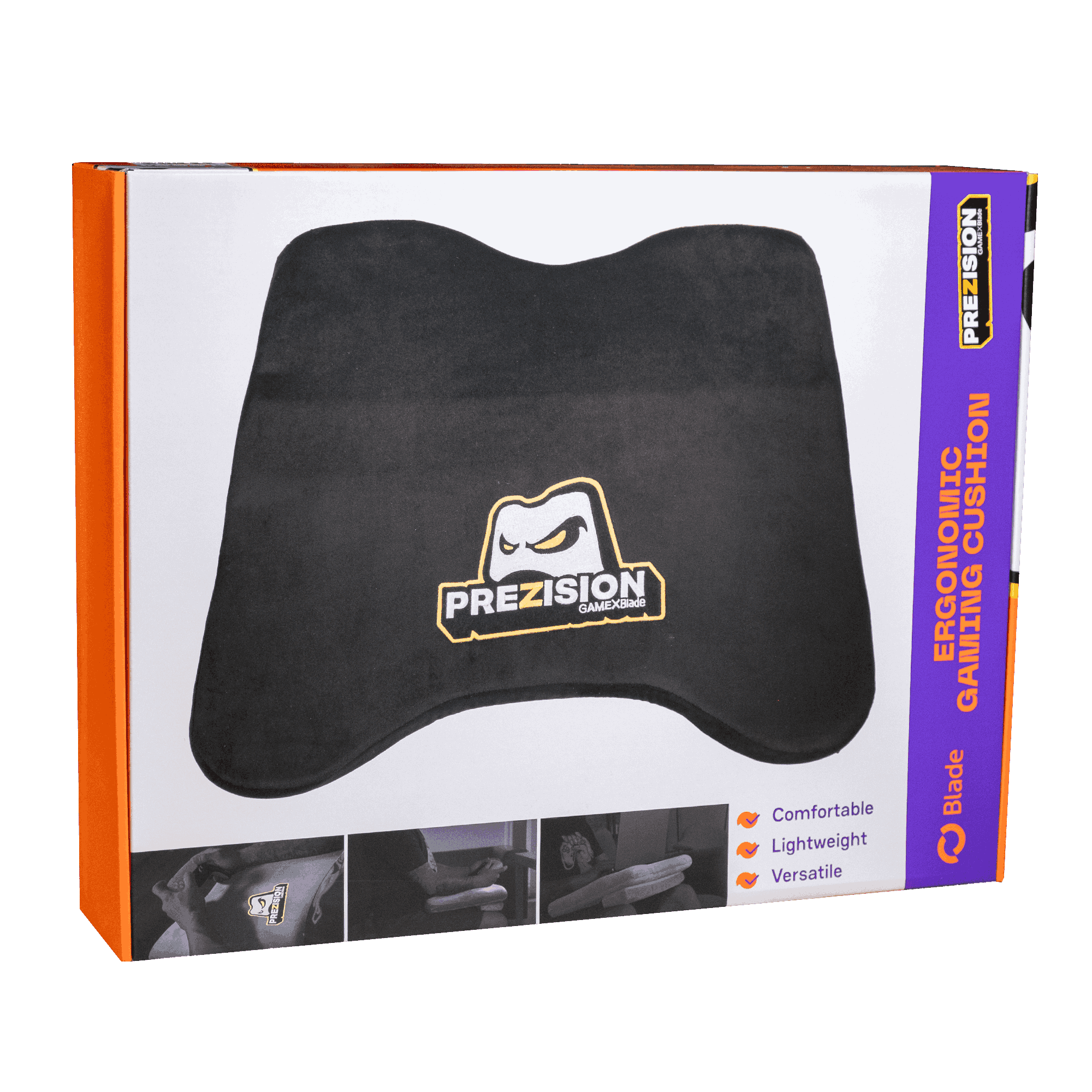 La caja muestra un cojín ergonómico negro para juegos. Tiene el logotipo 'PREZISION GAMEXblade'. La caja dice cómodo, ligero y versátil.