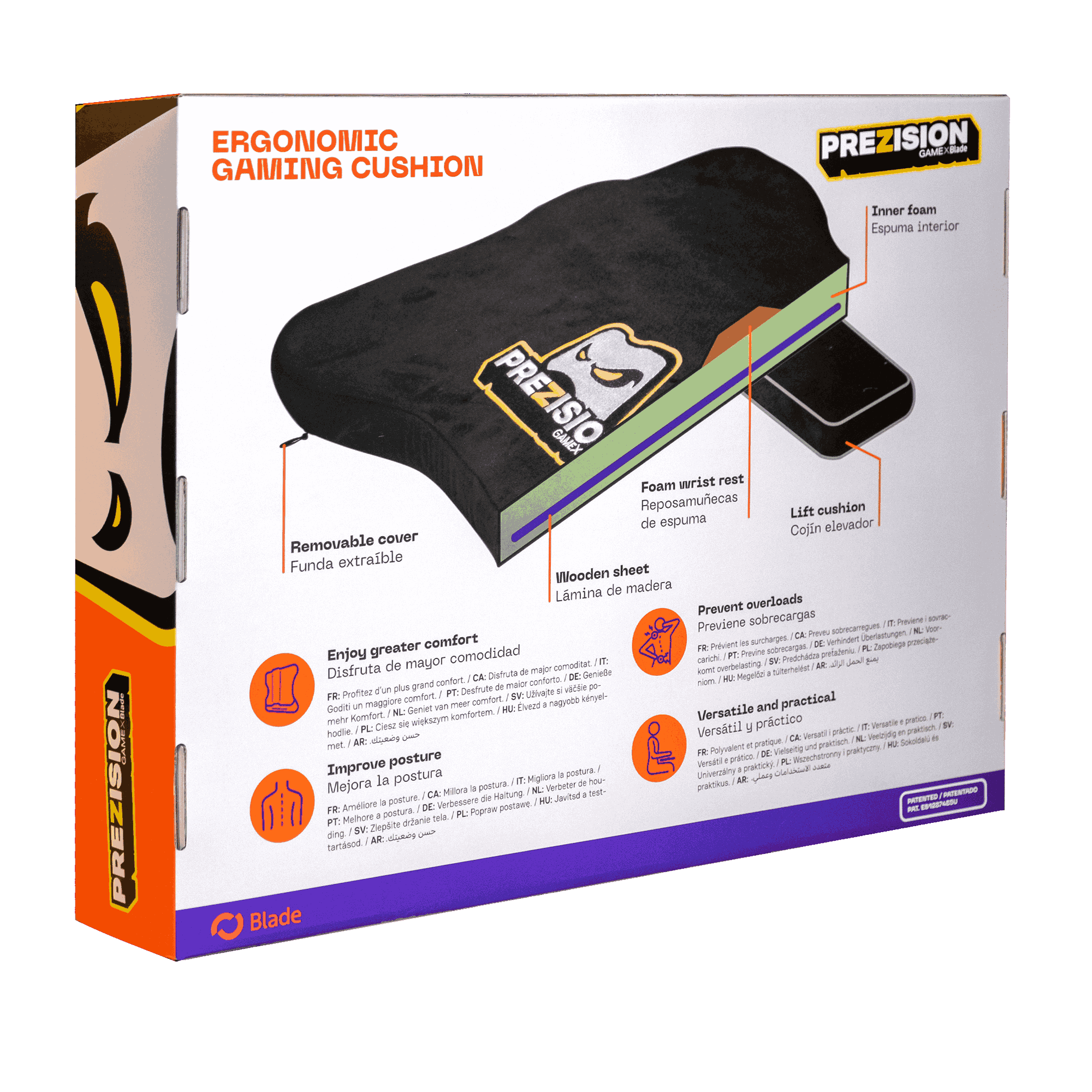 Se muestra una caja de cojín ergonómico para juegos, con etiquetas y diagramas que detallan sus características y beneficios.