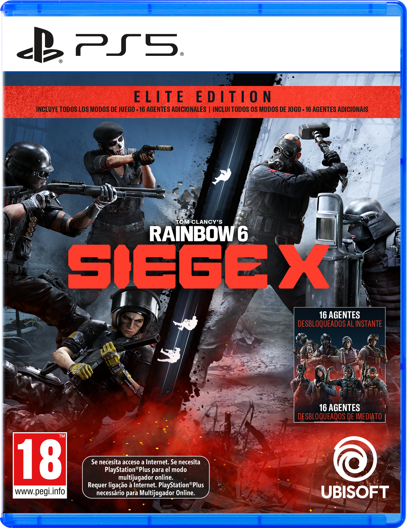 Portada del juego Rainbow Six Siege X. Soldados armados con armas. Edición Elite, 16 agentes desbloqueados. Logotipo de PS5, clasificación PEGI 18 y logotipo de Ubisoft.