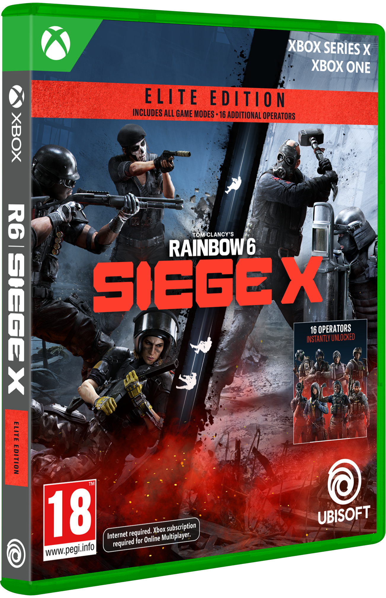 Caja del juego Rainbow Six Siege X. Varios personajes armados en el frente. Texto rojo, logotipo de Xbox y clasificación PEGI 18.