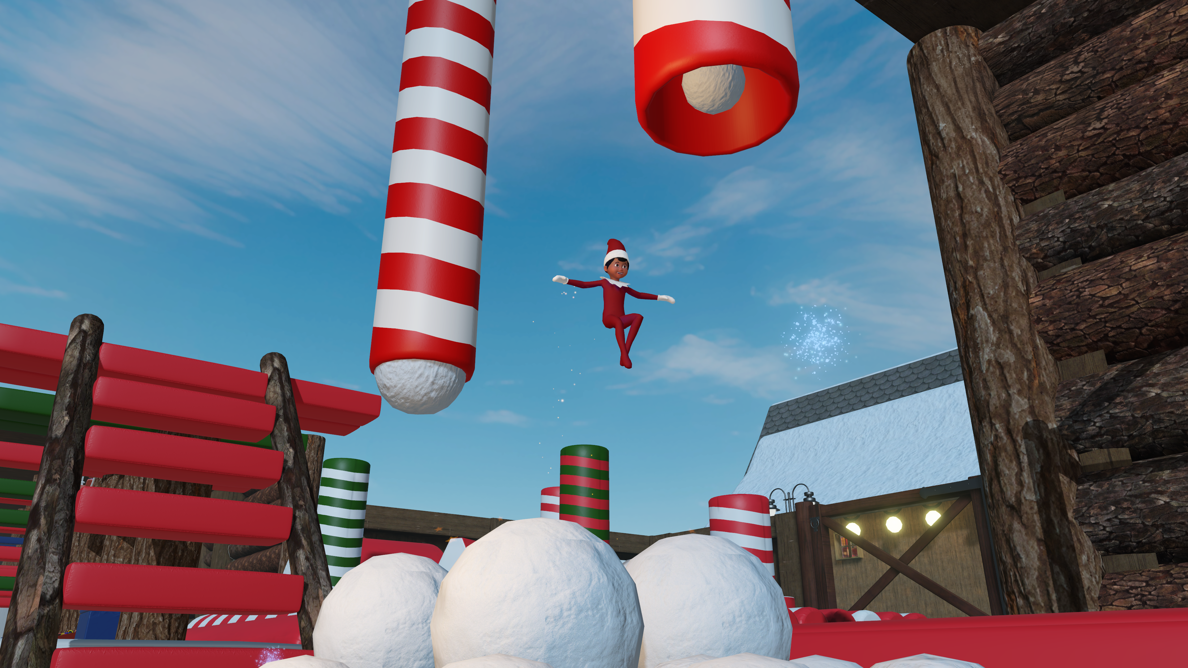 Un elfo de dibujos animados con traje rojo salta en el aire. Bastones de caramelo y bolas de nieve en la escena. Cielo azul al fondo.