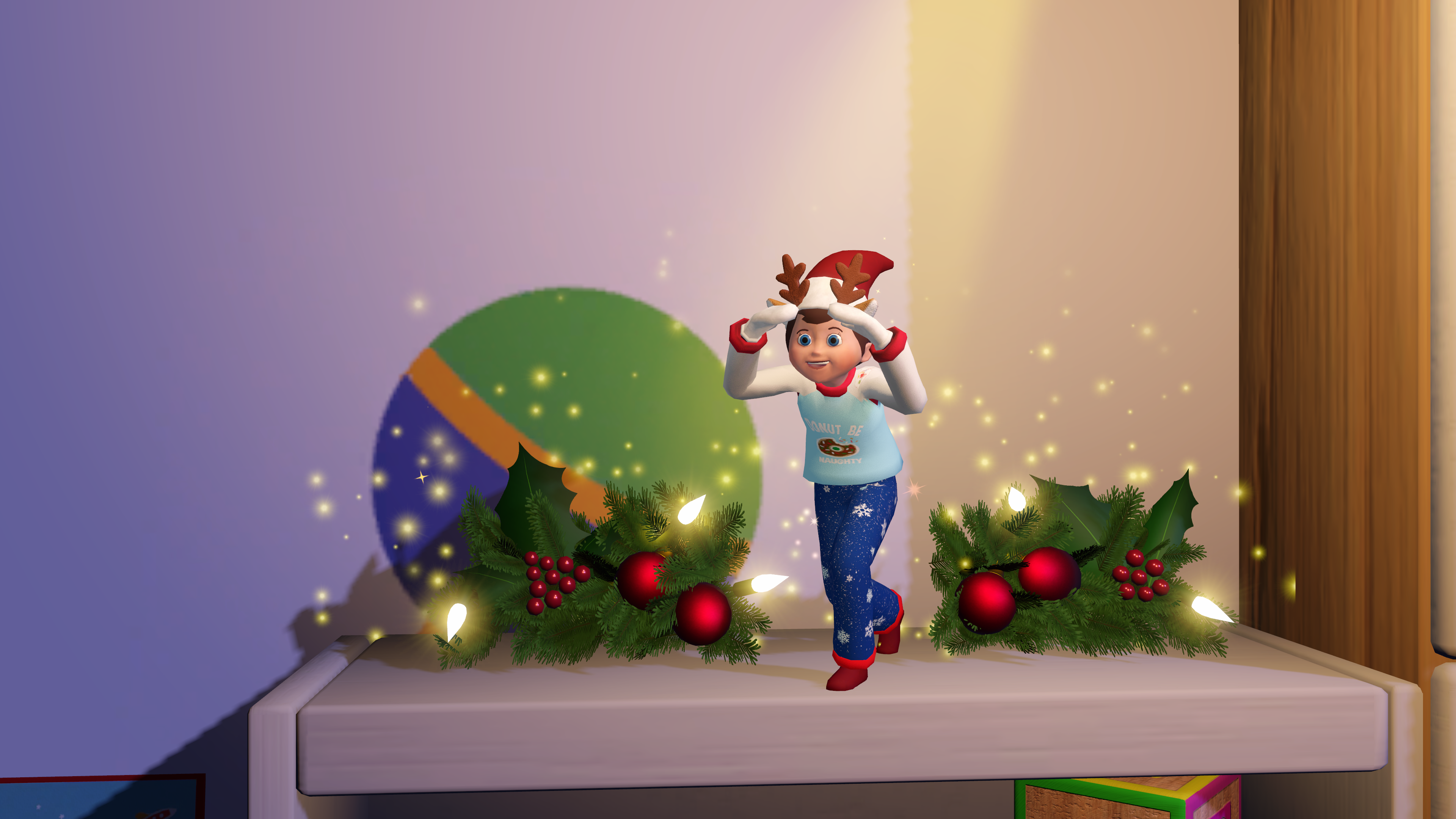 Un niño con pijama navideño y cuernos de reno está sobre un estante. Dos decoraciones navideñas flanquean al niño. Un gráfico circular está en el fondo.