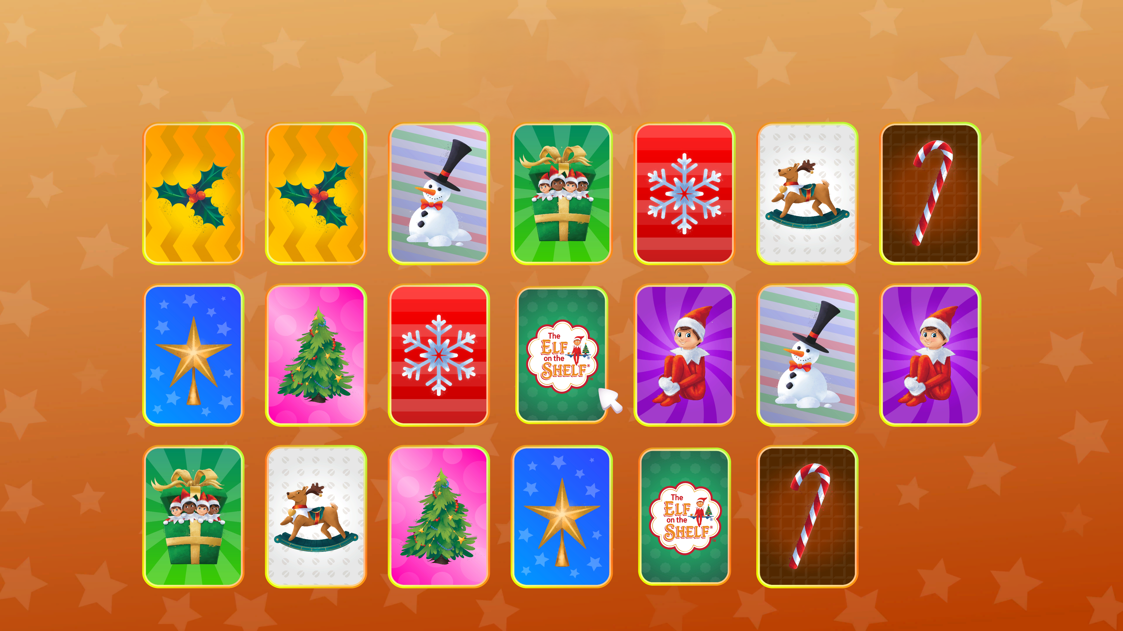 Una colección de tarjetas navideñas. Las tarjetas tienen acebo, muñecos de nieve, elfos, copos de nieve y bastones de caramelo.