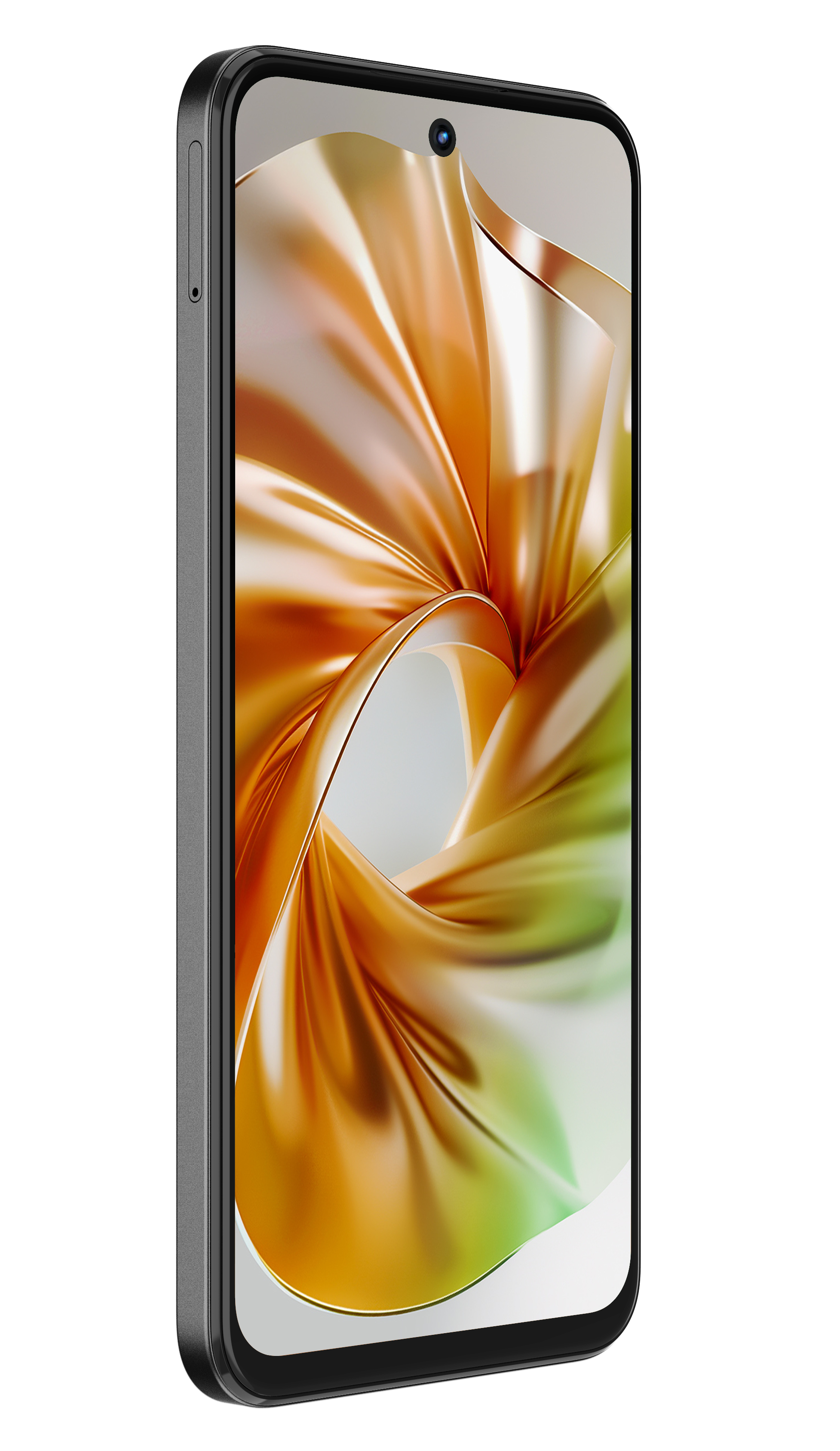 Ein Smartphone mit einem goldenen, fließenden abstrakten Design auf dem Bildschirm. Das Telefon ist dunkelgrau.