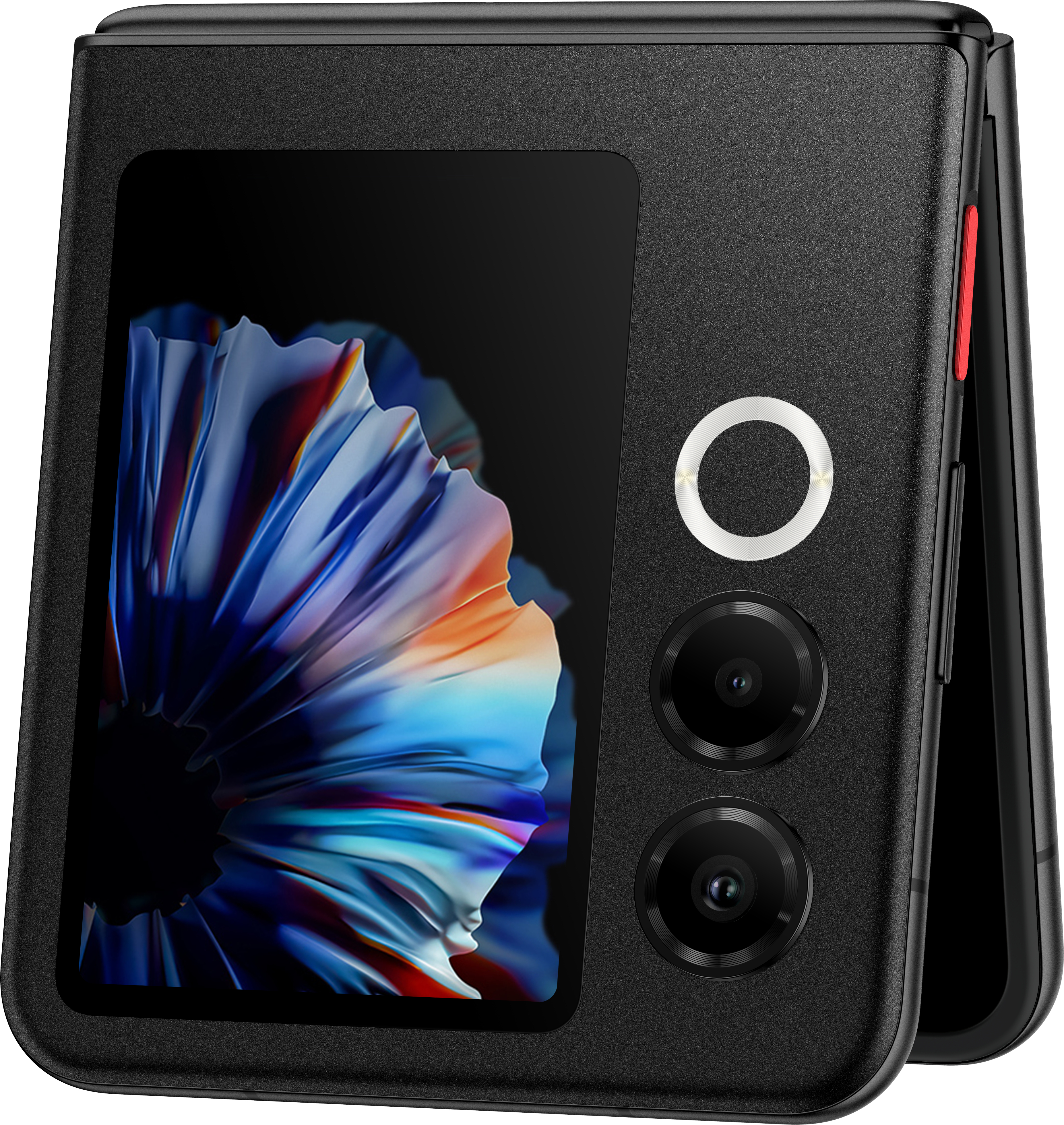 Ein schwarzes, zusammenklappbares Smartphone, teilweise geöffnet, zeigt ein farbenfrohes Blumenbild auf dem Bildschirm. Es hat einen silbernen Kameraring.