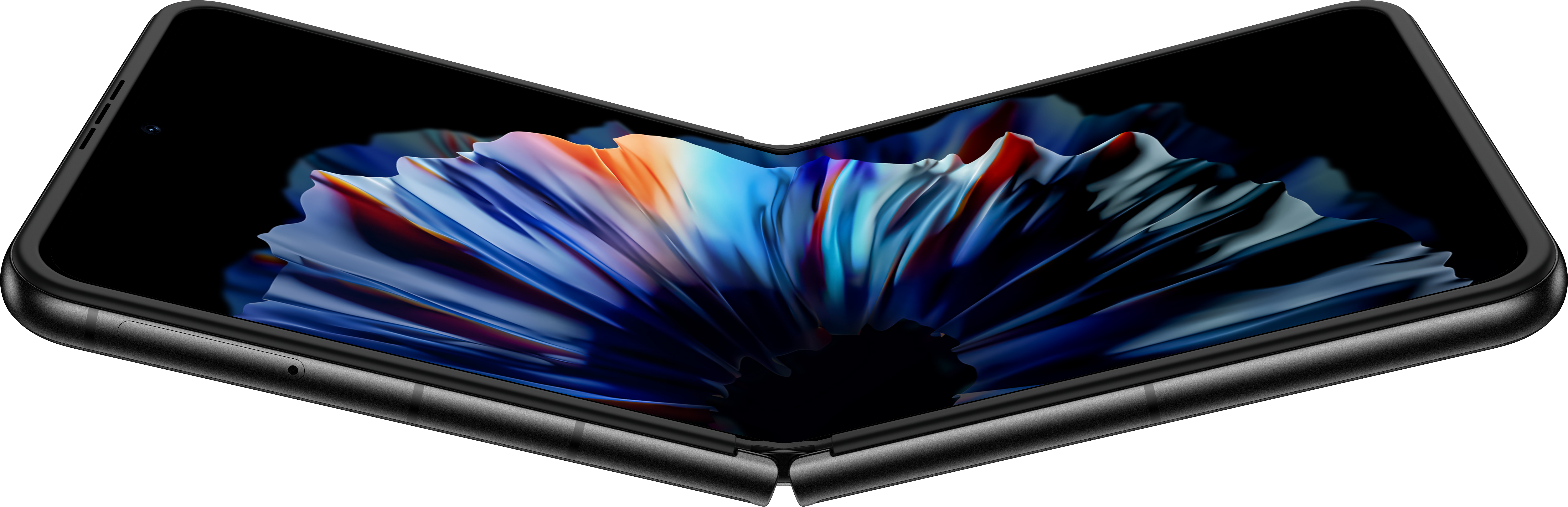 Schwarzes, offenes, faltbares Smartphone. Display zeigt abstraktes blaues, rotes und weißes Design. Scharniere sichtbar.