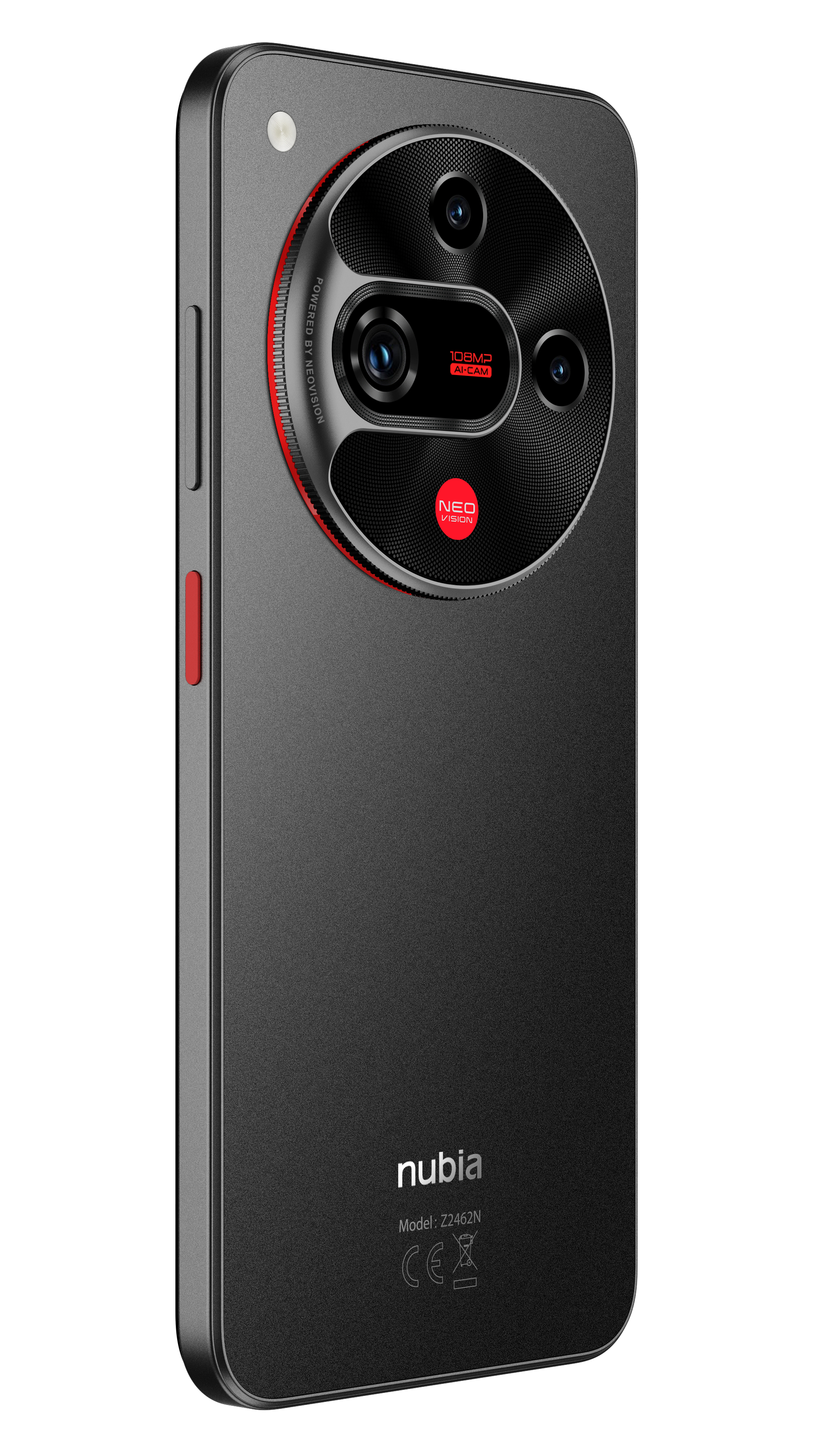 Ein schwarzes Smartphone mit großem Kameramodul. Es hat eine rote Ein-/Aus-Taste und das Nubia-Logo. Die Kamera hat mehrere Objektive.