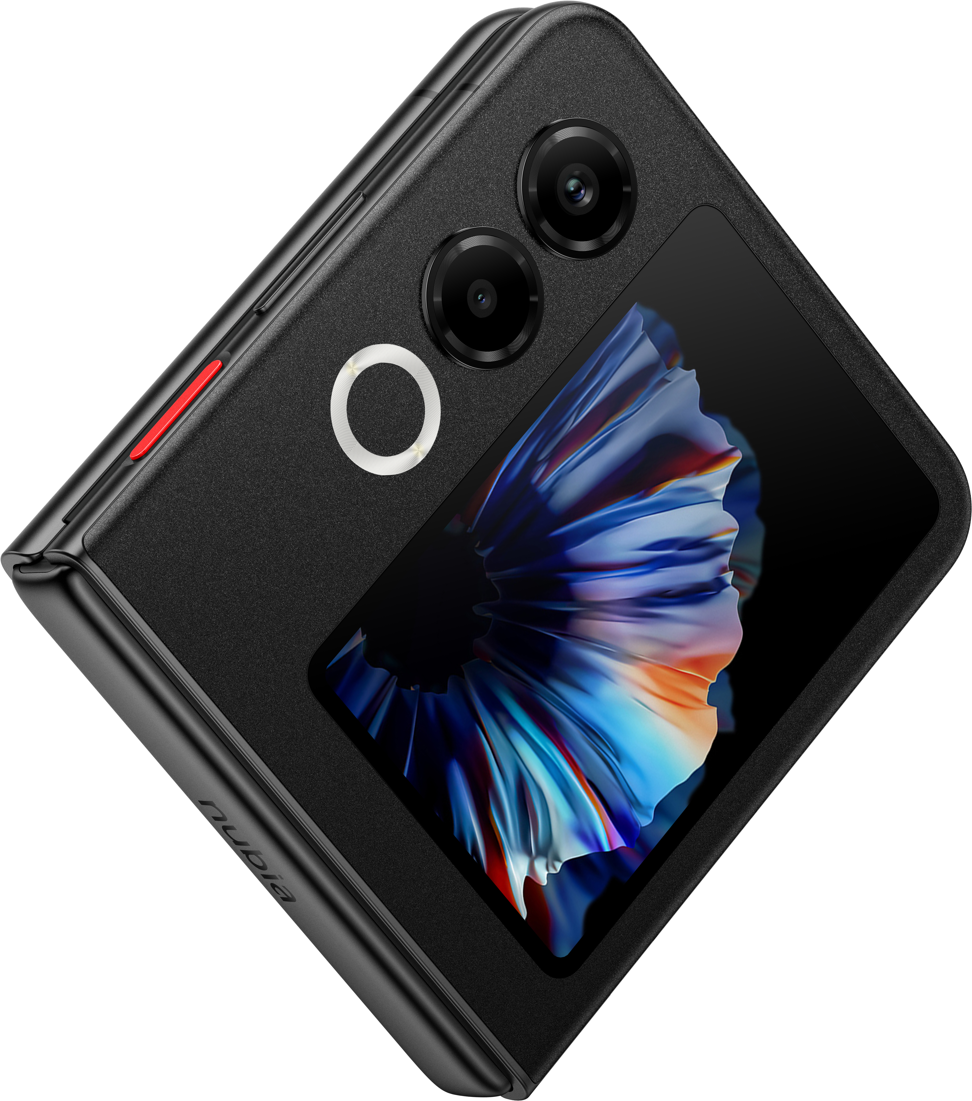 Schwarzes faltbares Smartphone mit lebendigem Bildschirm. Verfügt über zwei Kameras, einen Kreisring und eine rote Seitentaste.