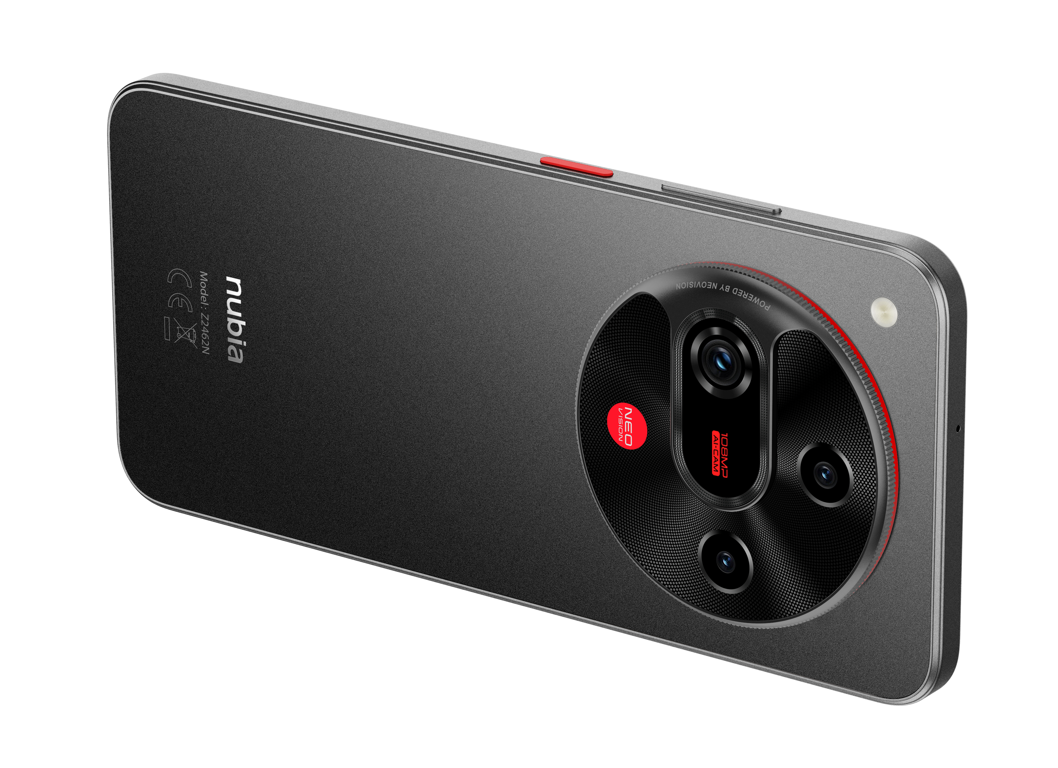 Ein dunkelgraues Smartphone mit großem Kameramodul. Rote Akzente an der Kamera und einer Seitentaste. Das nubia-Logo ist sichtbar.