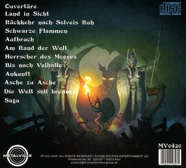Albumcover mit Wikinger-Thema. Krieger, ein Drache und Statuen sind sichtbar. Text enthält Songtitel und Albumtitel.