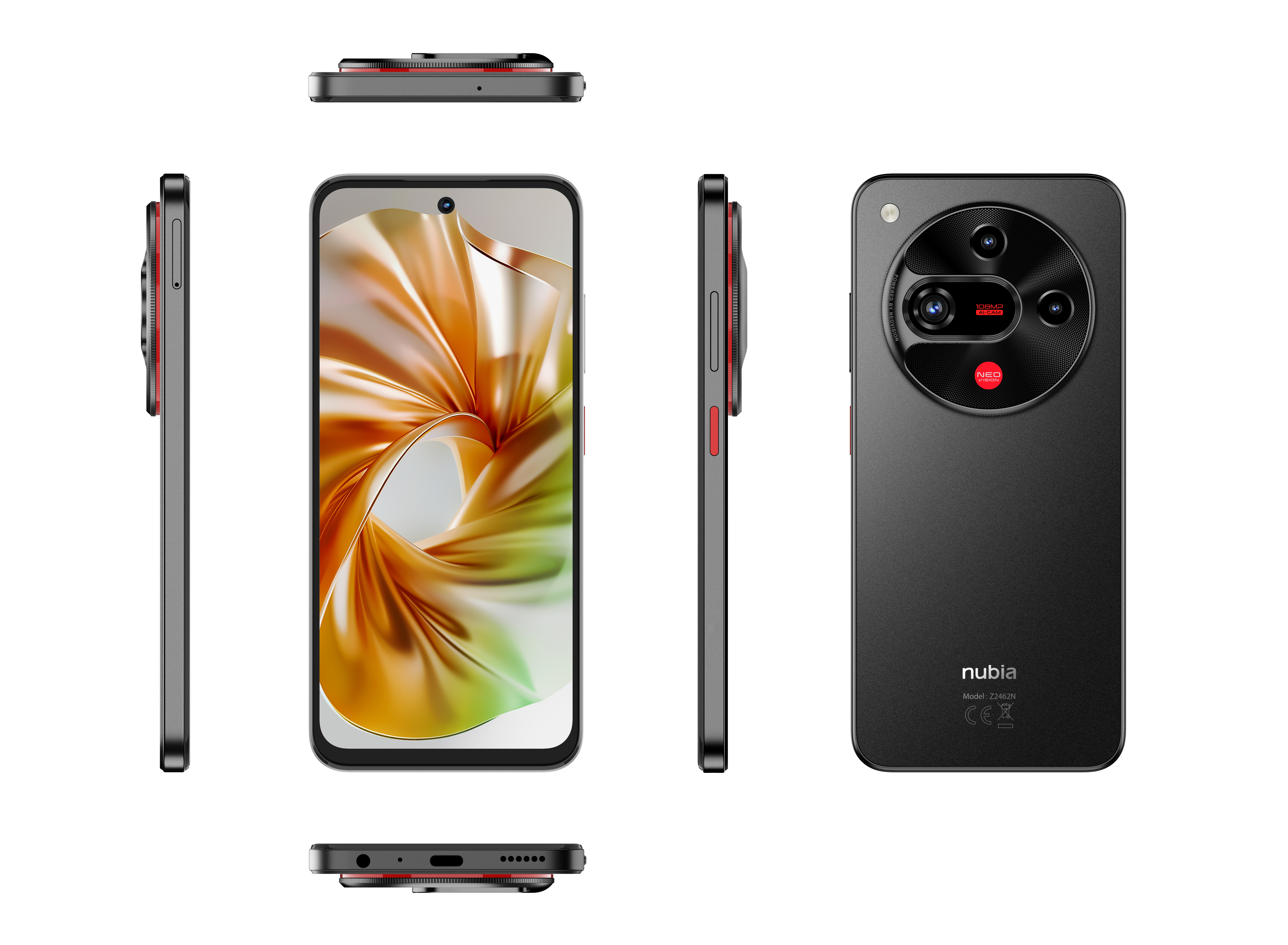 Schwarzes Smartphone mit abstraktem Design auf dem Display. Große Kameraeinheit und Leica-Markenzeichen.
