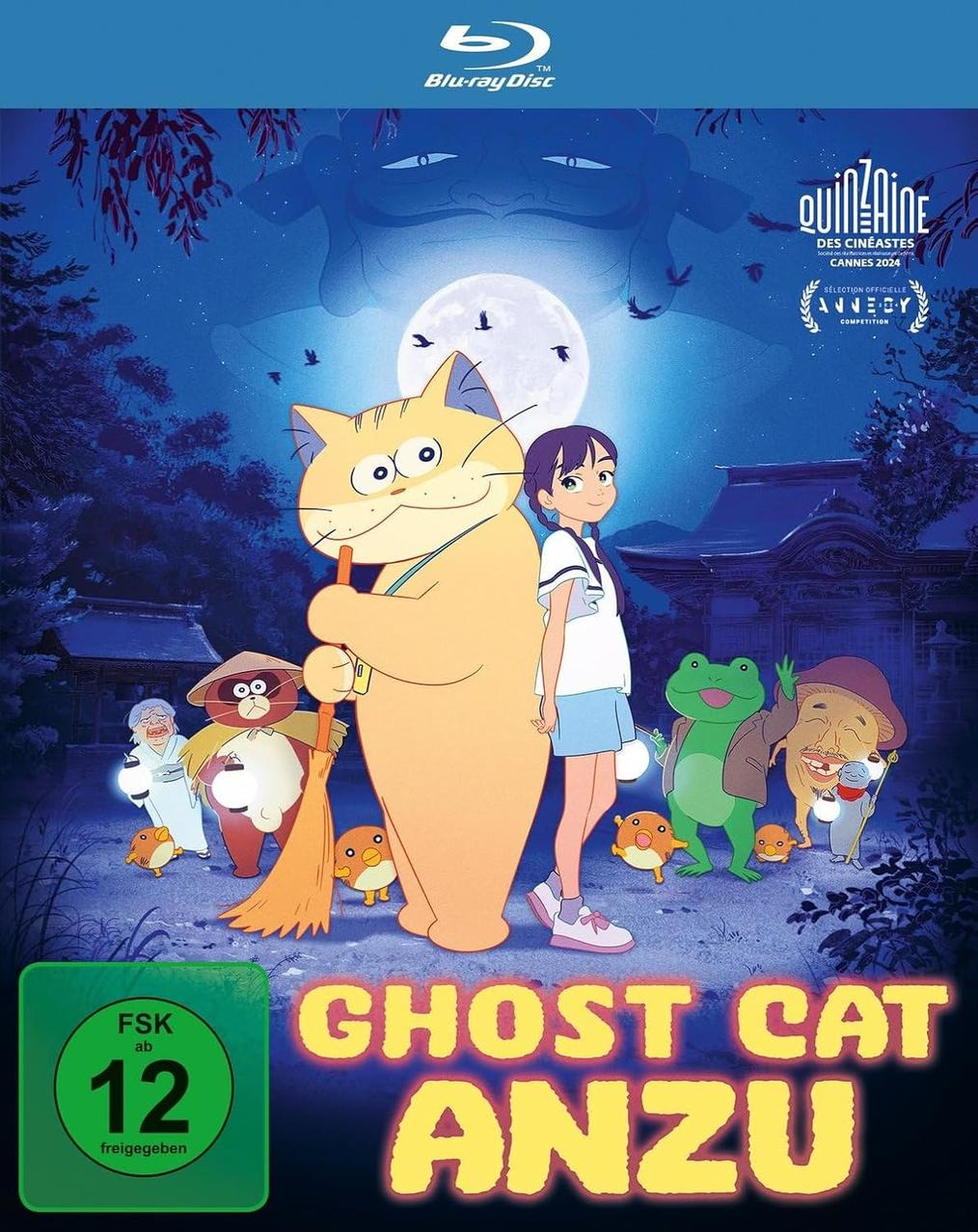Filmposter für Ghost Cat Anzu. Es zeigt eine große Katze mit anderen Zeichentrickfiguren und ein Mädchen vor einem Vollmond.